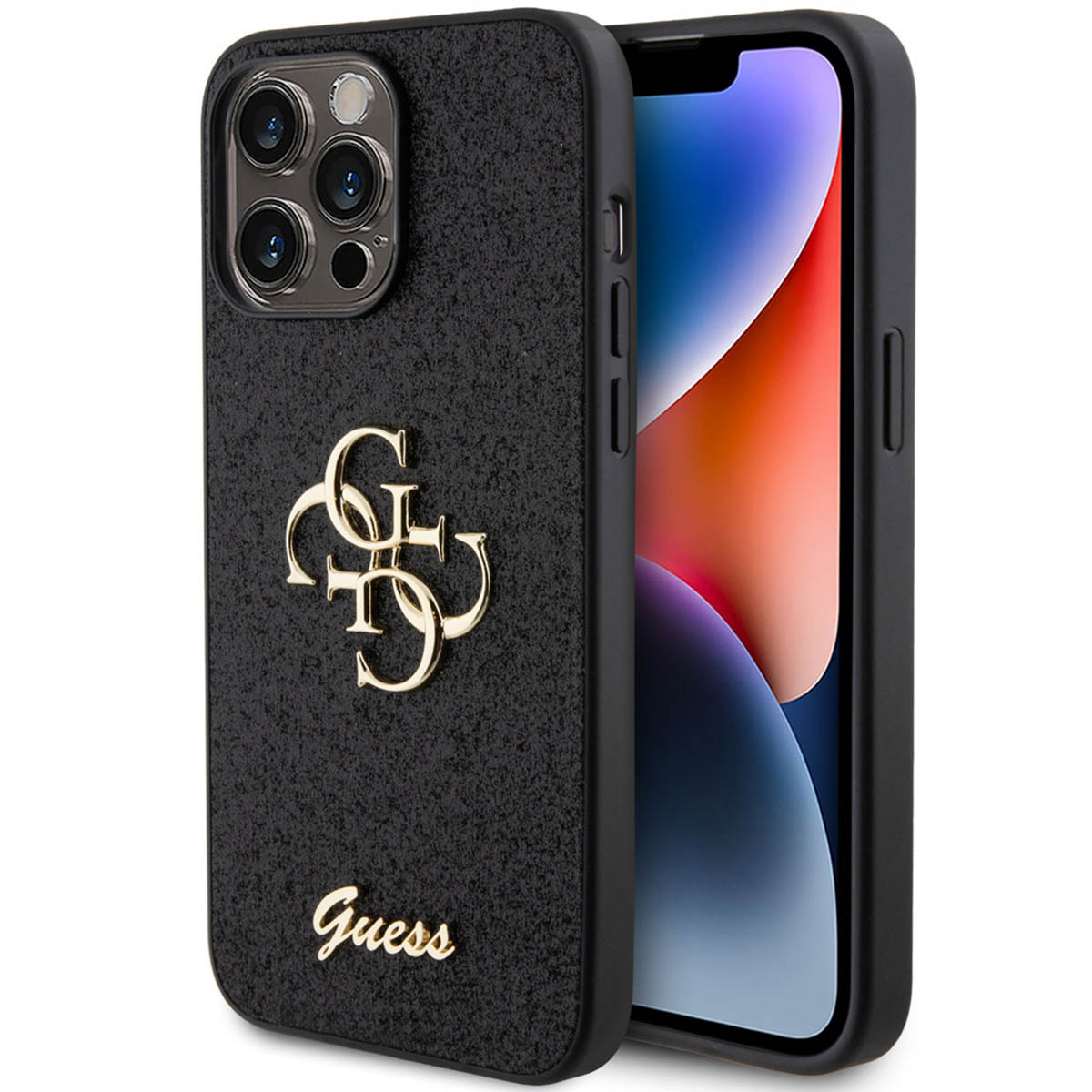 Guess 4G Logo Glitter Back Case - Geschikt voor Apple iPhone 15 Pro Max (6.7") - Zwart