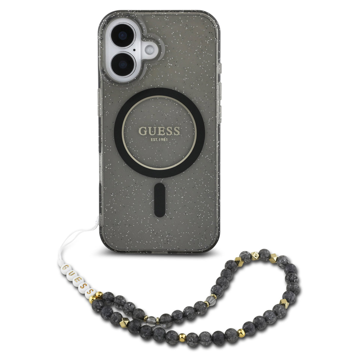 Guess MagSafe IML Glitter Case met beads strap voor de Apple iPhone 16 Pro Max - Zwart