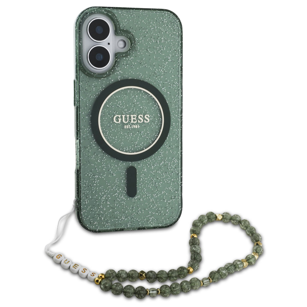 Guess MagSafe IML Glitter Case avec beads strap Apple iPhone 16 Pro Max - Green