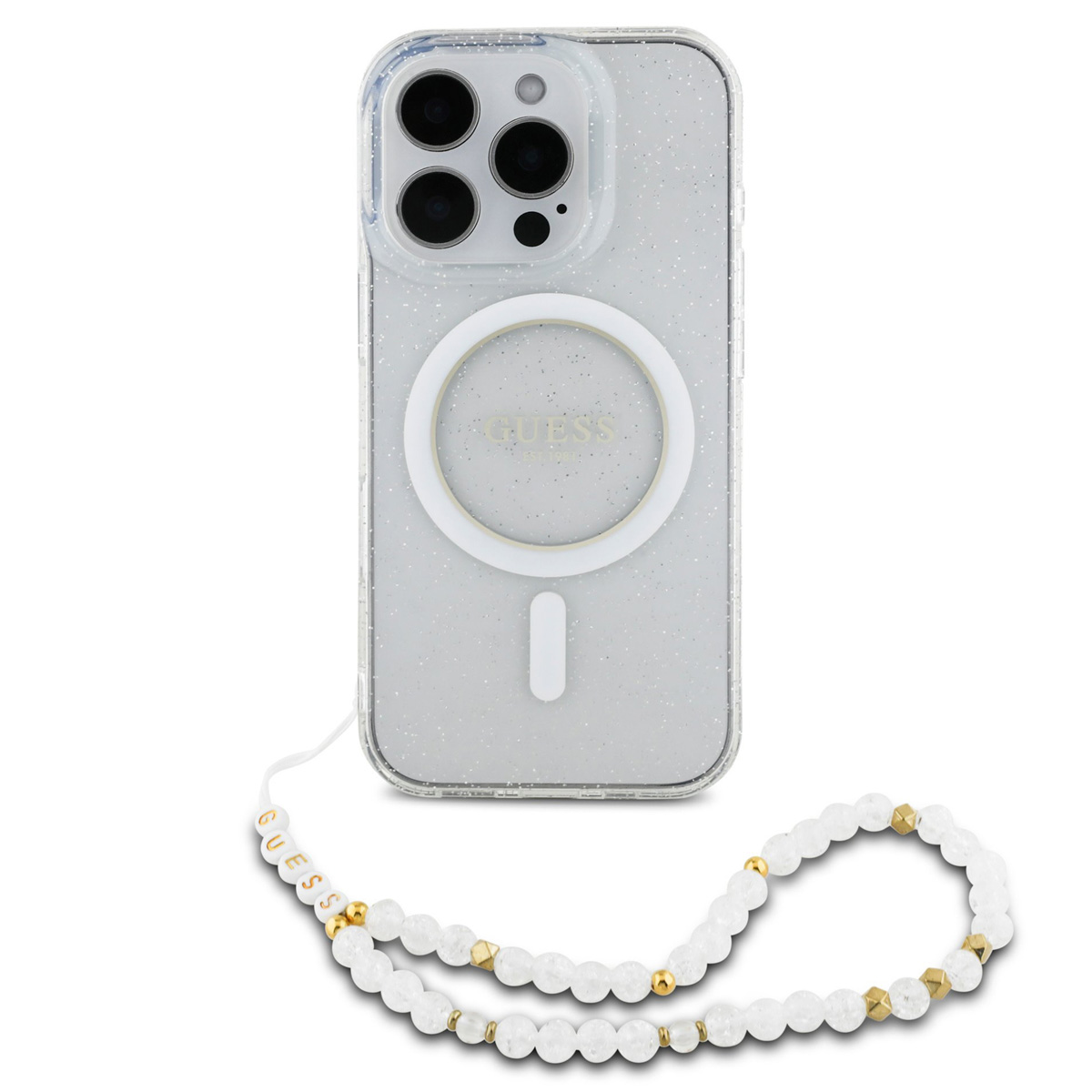 Guess MagSafe IML Glitter Case avec beads strap Apple iPhone 16 Pro Max - Transparent