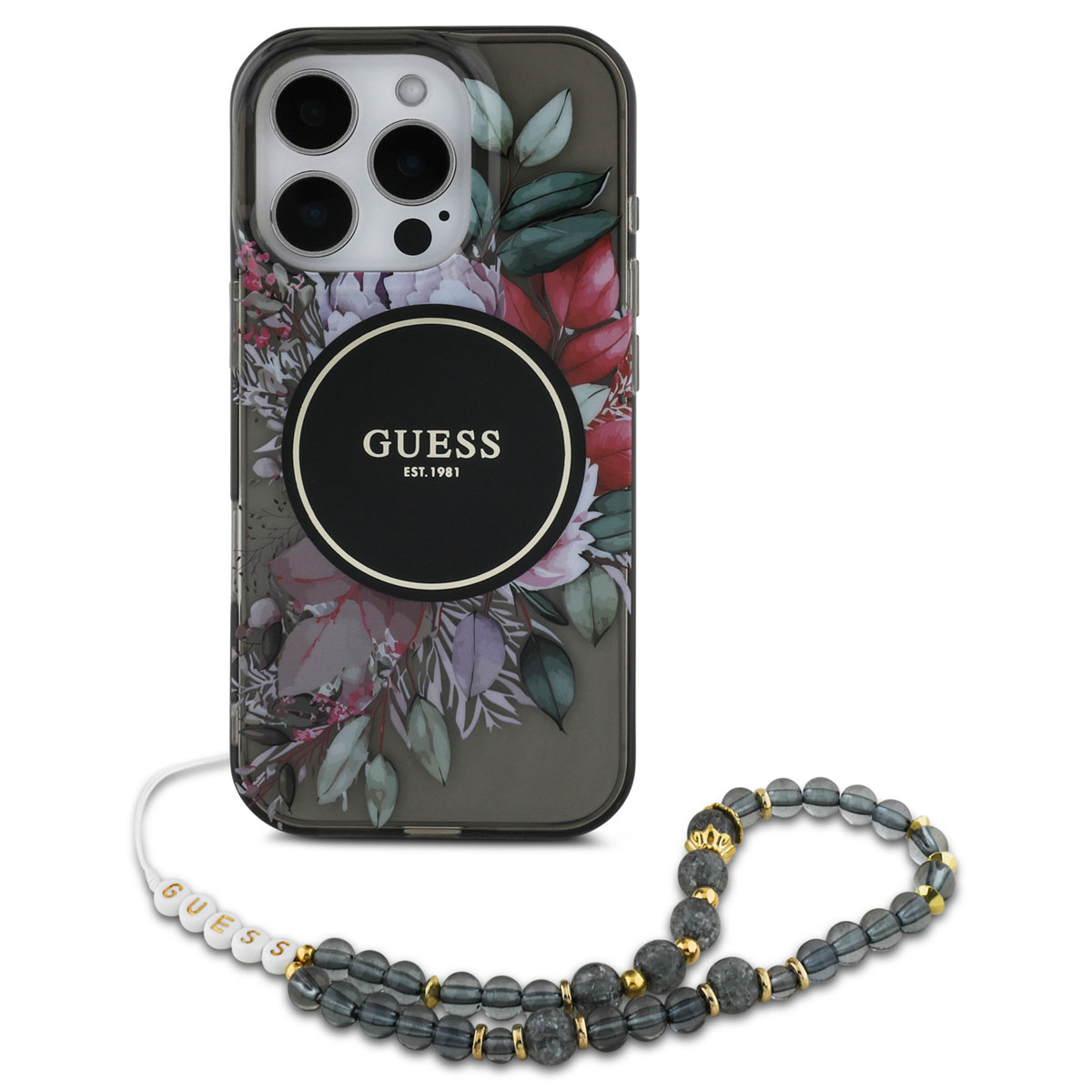 Guess MagSafe IML Flowers Case met beads strap voor de Apple iPhone 16 Pro - Zwart