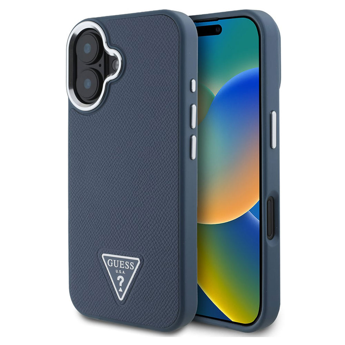 Guess Coque Grained Triangle MagSafe Apple iPhone 16 - Blue