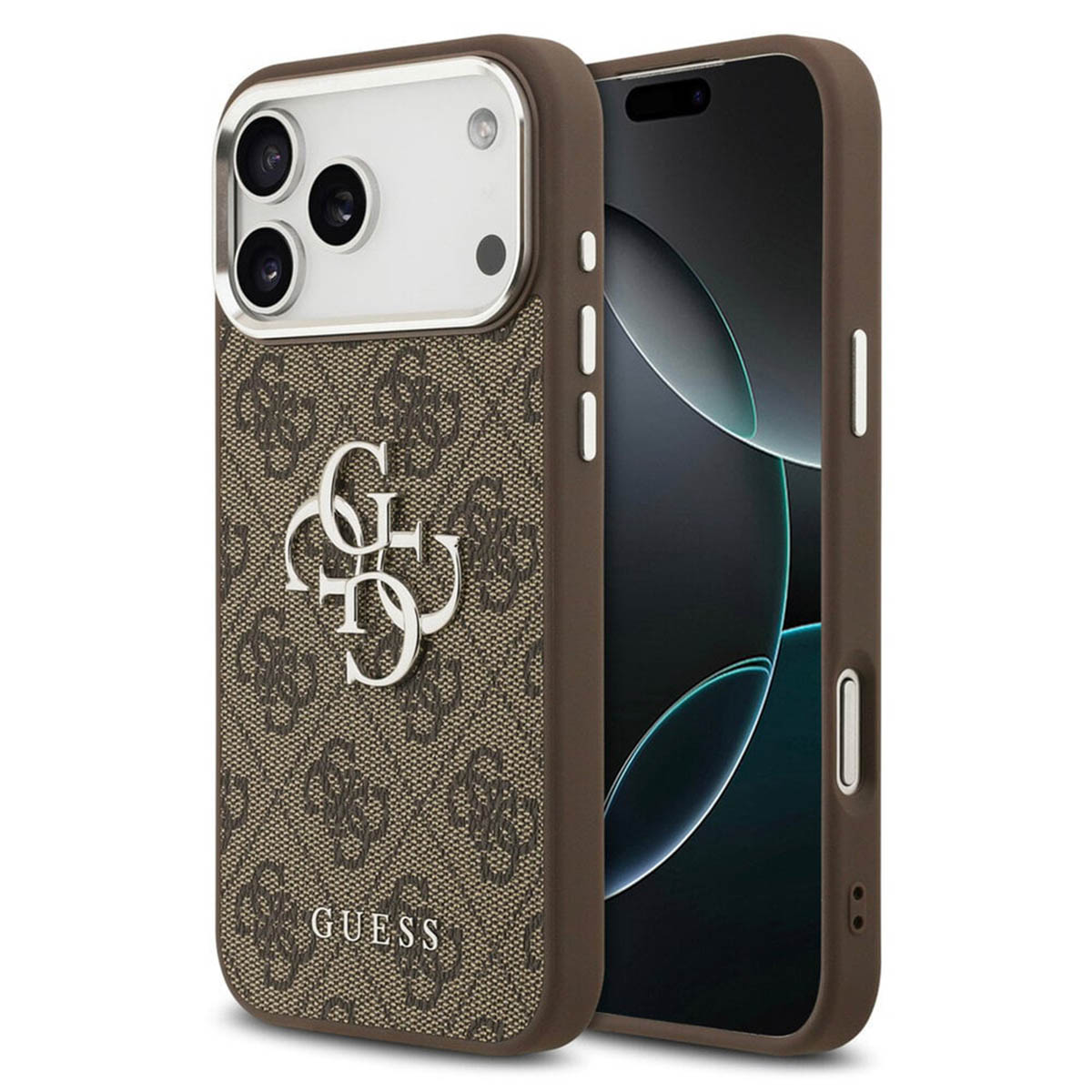 Guess 4G Metal Logo Backcover voor de Apple iPhone 17 Pro Max - Silver Edge - Brown