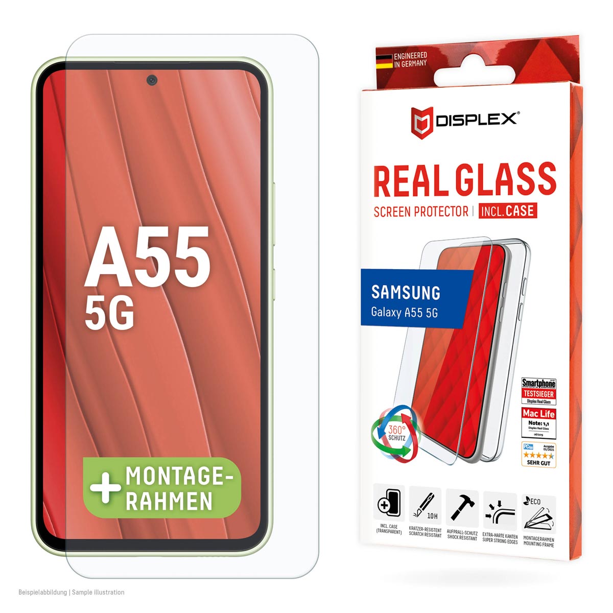 Displex Screenprotector Real Glass + Case voor de Samsung Galaxy A55 - Transparant