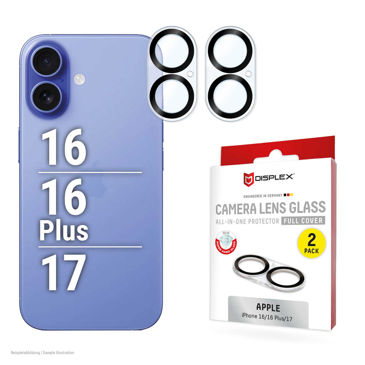 Displex CamGlass All-In-One Camera Protector voor de Apple iPhone 16 / 16 Plus / 17