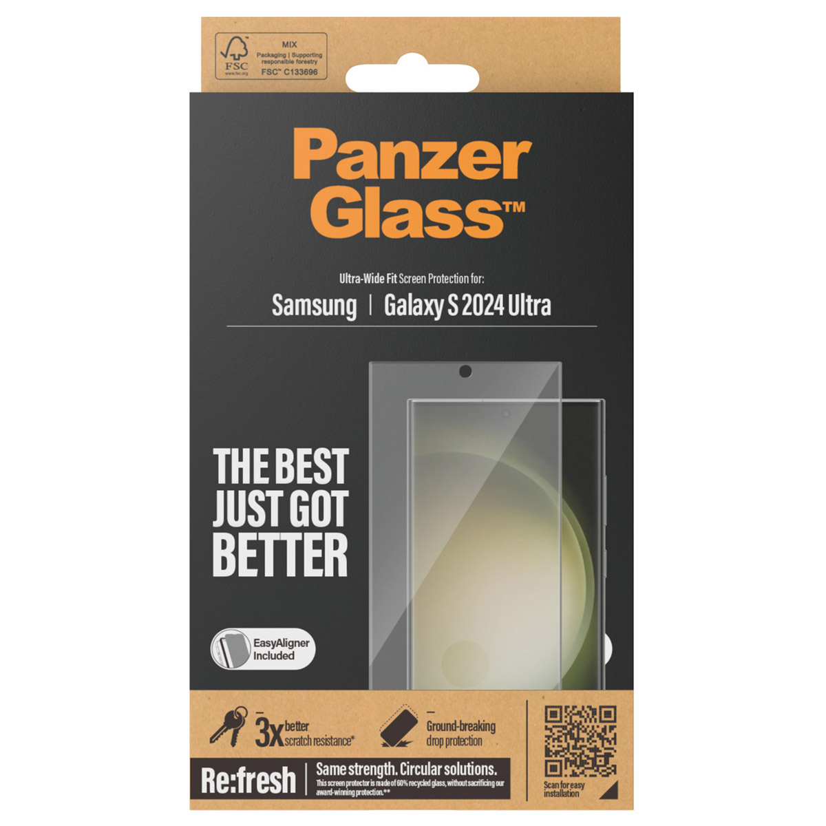 PanzerGlass Refresh Ultra-Wide Fit Anti-Bacterial Screenprotector incl. applicator voor de Samsung Galaxy S24 Ultra