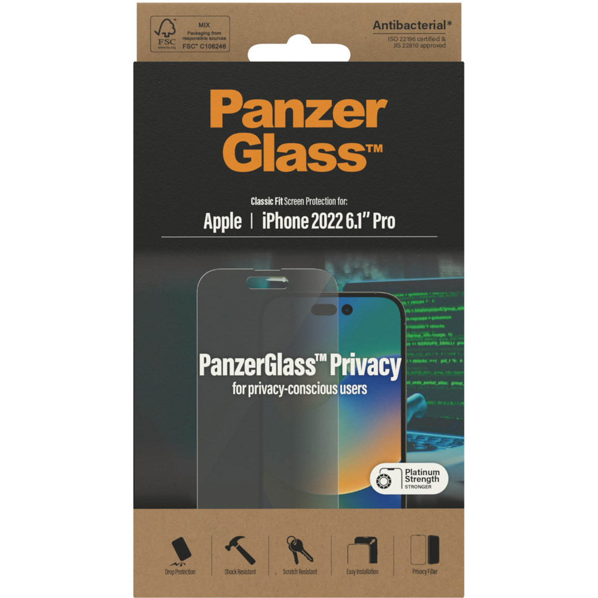 PanzerGlass Privacy Anti-Bacterial Screenprotector voor de Apple iPhone 14 Pro