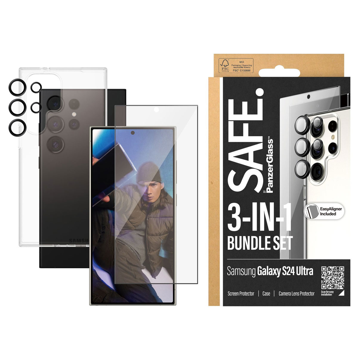 SAFE by PanzerGlass Pack 3-en-1 Safe - Coque + protection d'écran + protection de caméra Samsung Galaxy S24 Ultra - Transparent