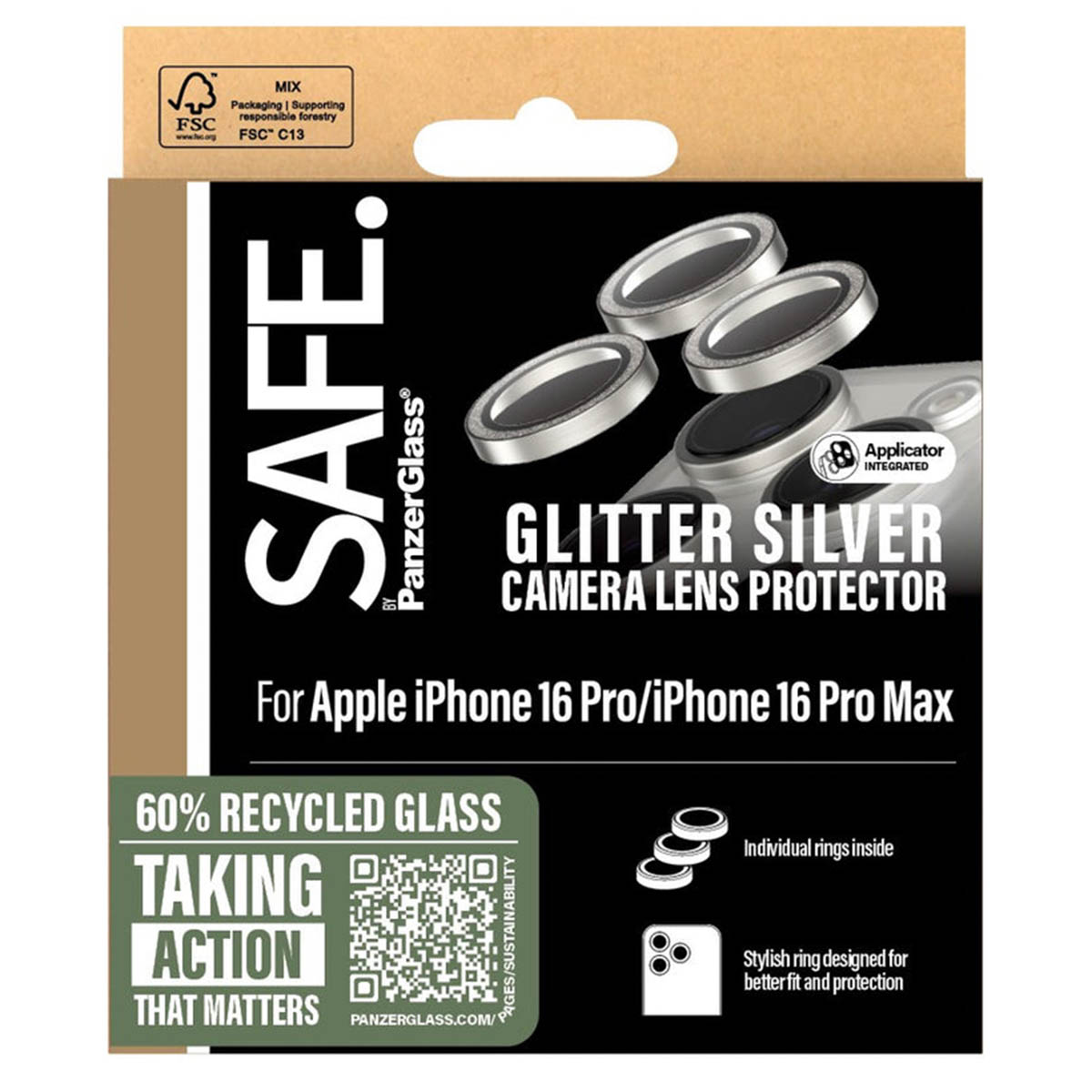 SAFE by PanzerGlass Camera Lens Protector voor de Apple iPhone 16 Pro / 16 Pro Max - Glitter Silver