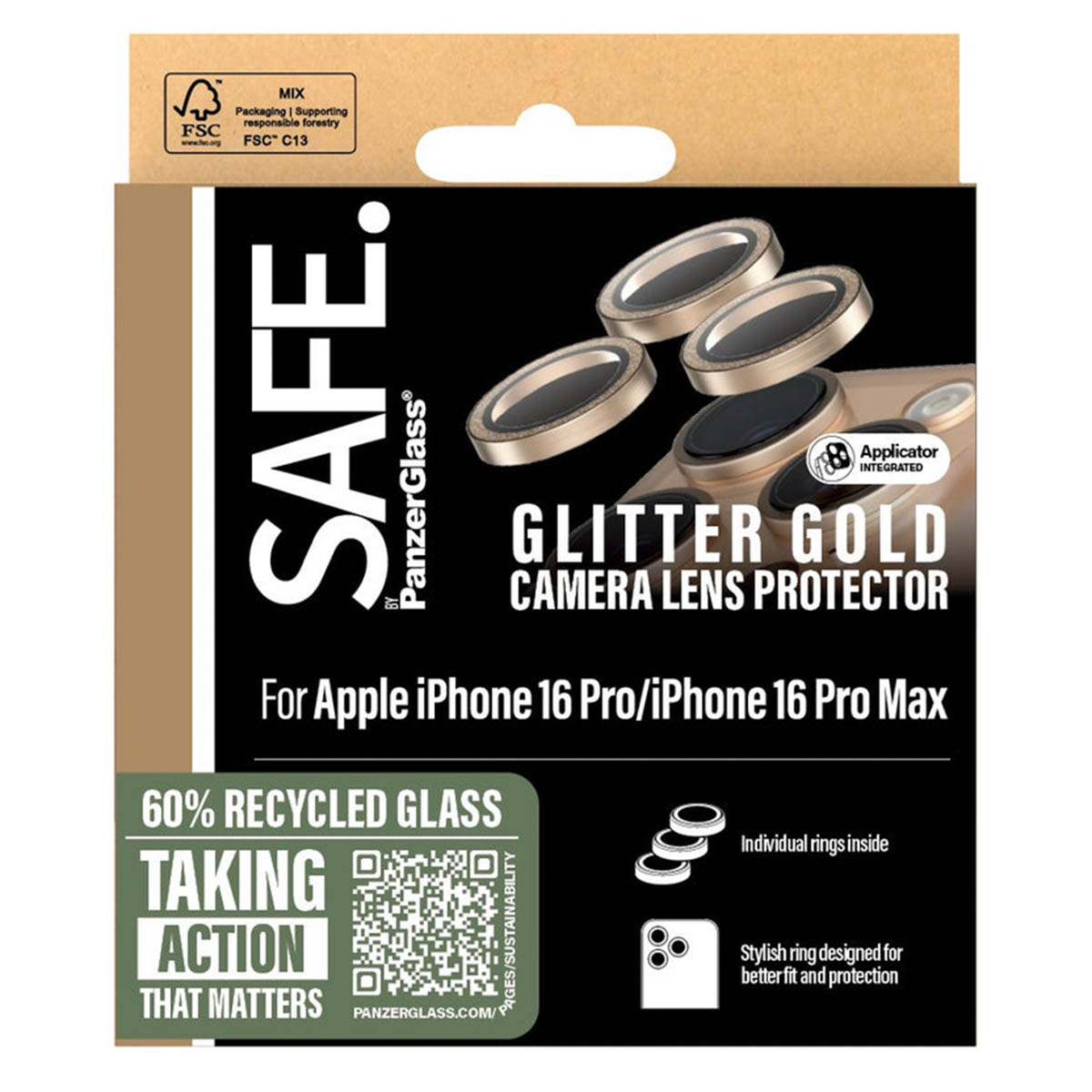 SAFE by PanzerGlass Camera Lens Protector voor de Apple iPhone 16 Pro / 16 Pro Max - Glitter Gold