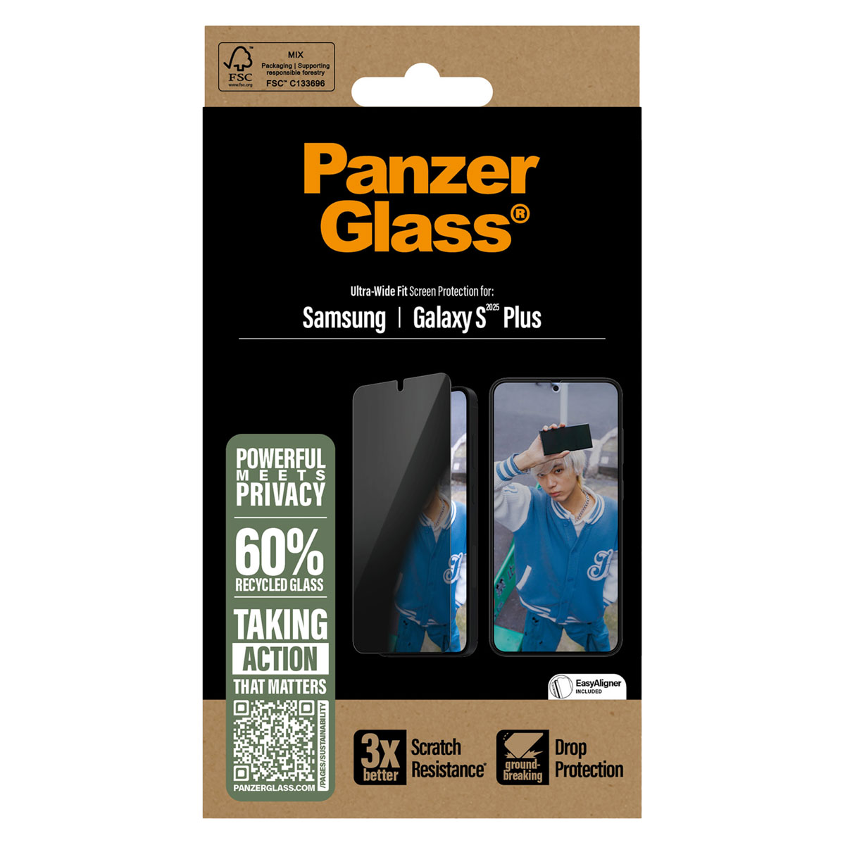 PanzerGlass Protection d'écran Privacy Ultra-Wide Fit Anti-bactérienne avec applicateur Samsung Galaxy S25 Plus