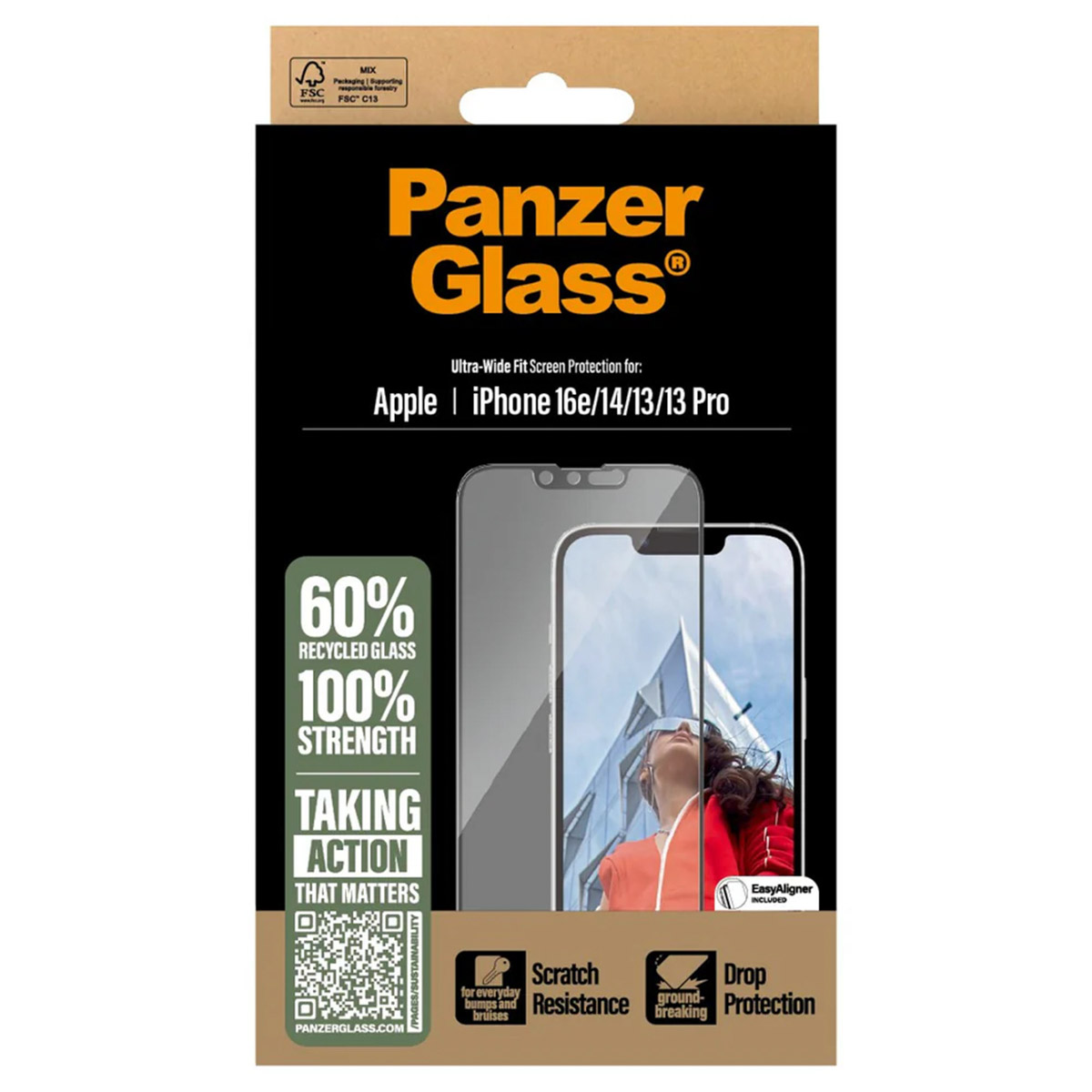 PanzerGlass Protection d'écran Ultra-Wide Fit Anti-bactérienne avec applicateur Apple iPhone 17e / 16e / 14 / 13 / 13 Pro