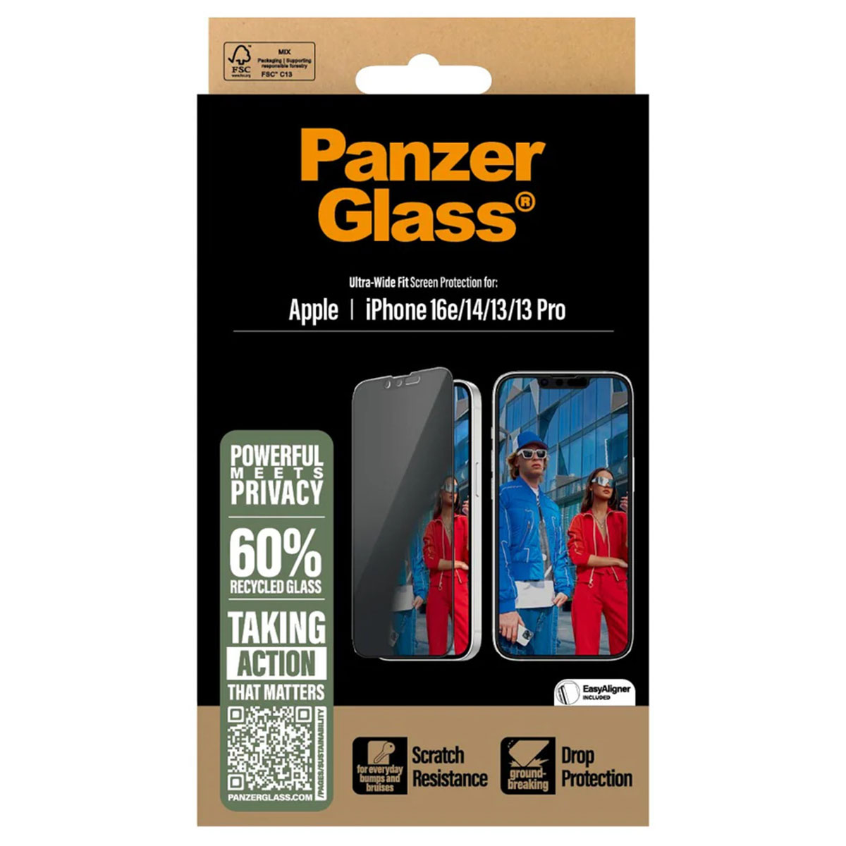 PanzerGlass Privacy Ultra-Wide Fit Anti-Bacterial Screenprotector incl. applicator voor de Apple iPhone 17e / 16e / 14 / 13 / 13 Pro