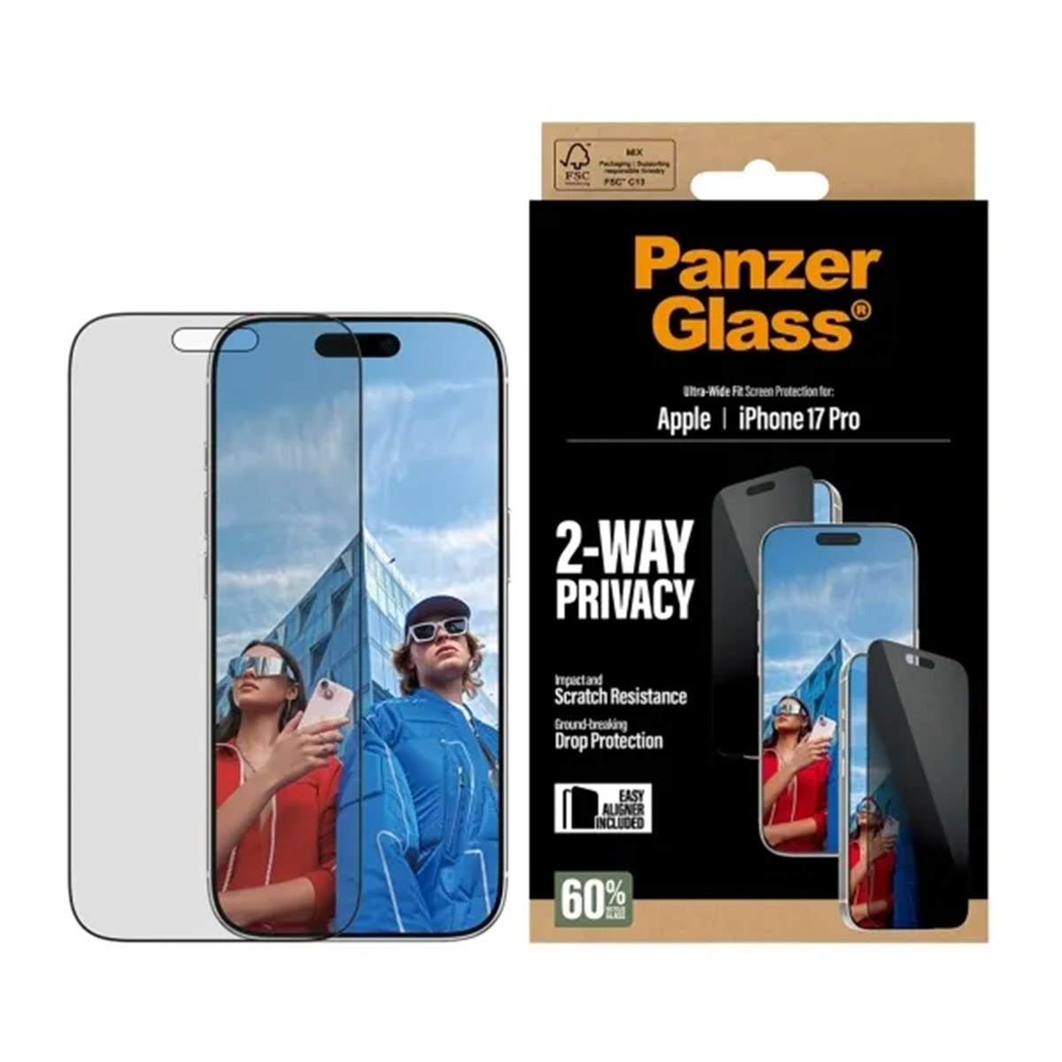 PanzerGlass Privacy Ultra-Wide Fit Anti-Bacterial Screenprotector incl. applicator voor de Apple iPhone 17 Pro