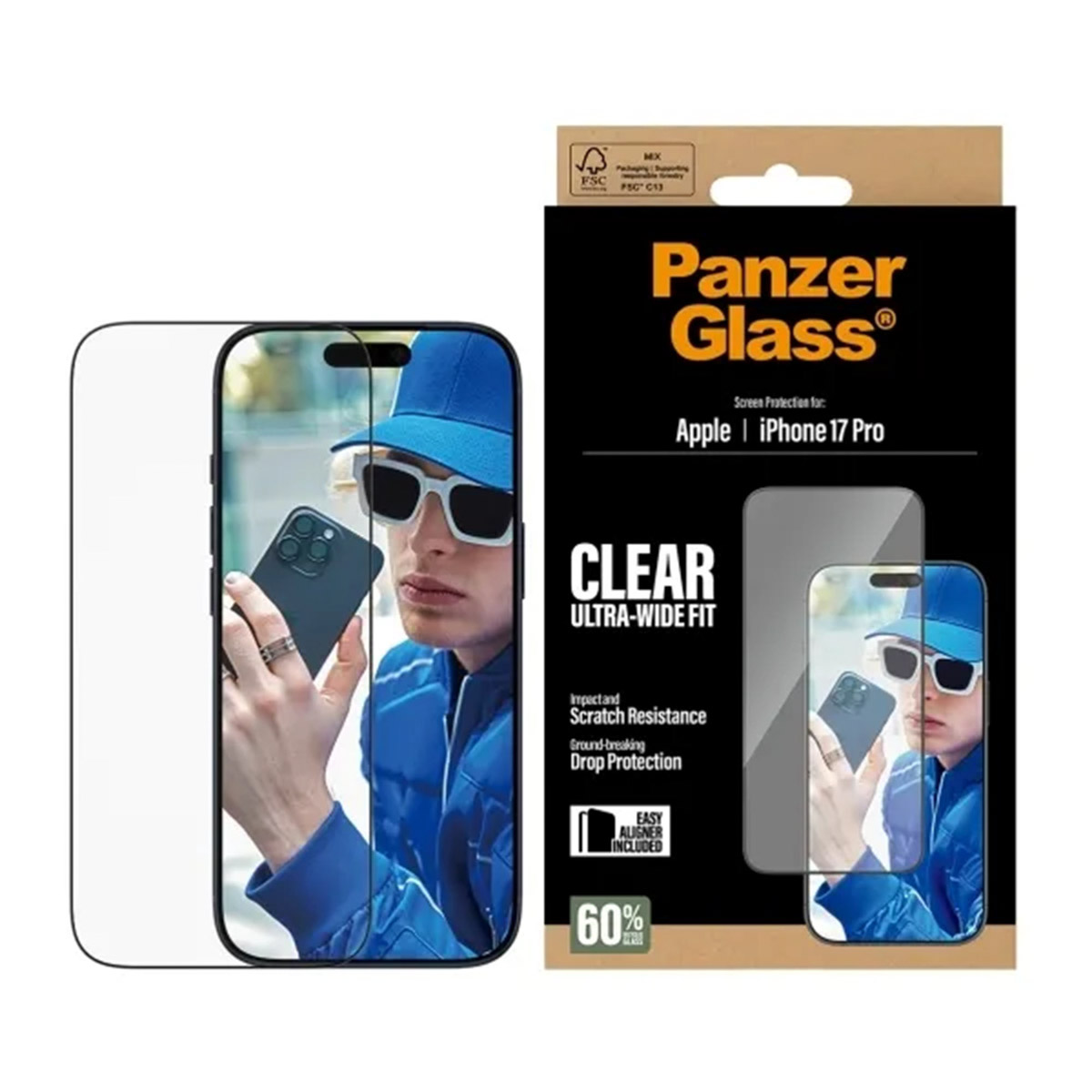 PanzerGlass Ultra-Wide Fit Anti-Bacterial Screenprotector incl. applicator voor de Apple iPhone 17 Pro
