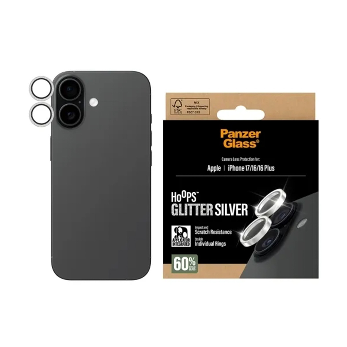 PanzerGlass Protection Caméra Hoops Optic Rings Apple iPhone 17 - Argent Pailleté