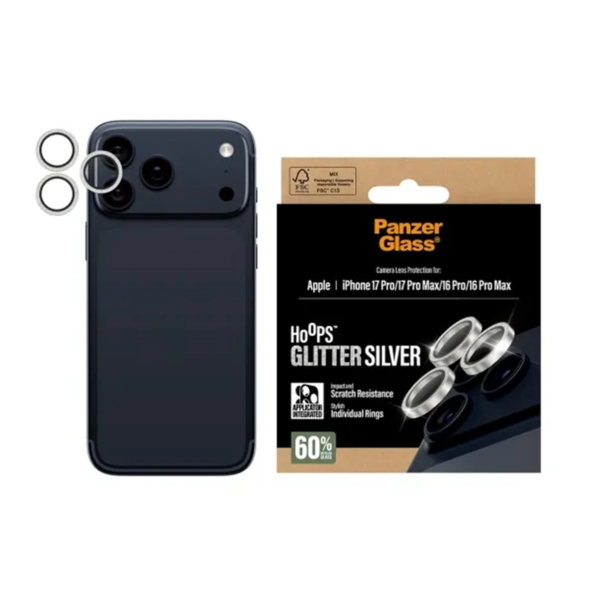 PanzerGlass Protection Caméra Hoops Optic Rings Apple iPhone 17 Pro / 17 Pro Max - Argent Pailleté