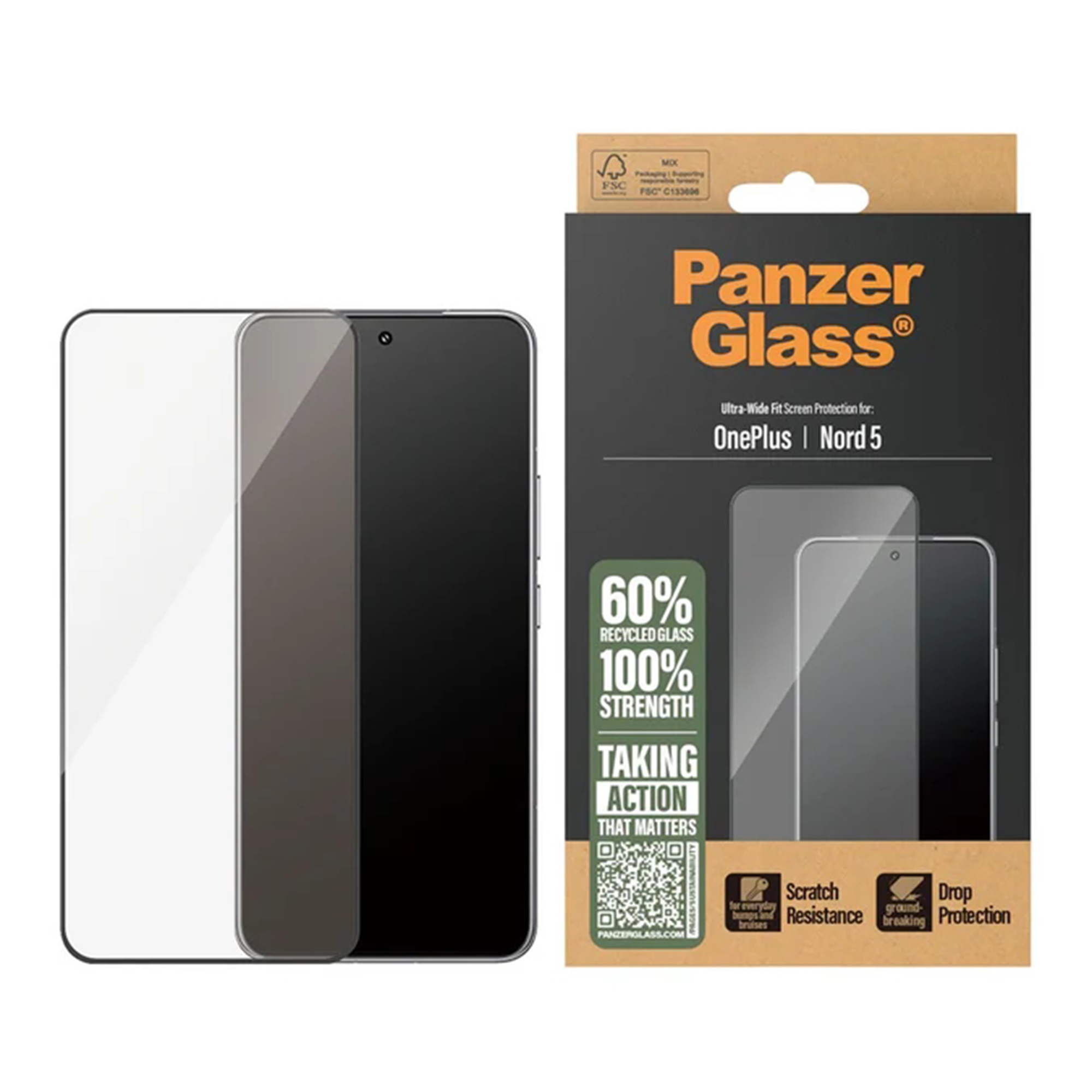 PanzerGlass Protection d'écran Ultra-Wide Fit Anti-bactérienne avec applicateur OnePlus Nord 5