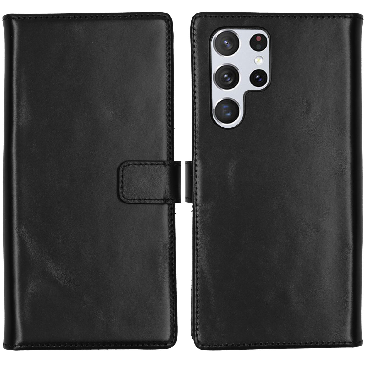 Selencia Echt Leren Bookcase voor de Samsung Galaxy S22 Ultra - Zwart