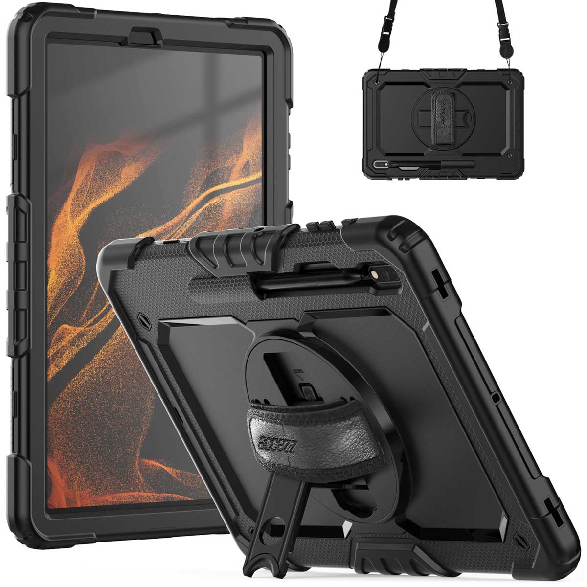 Accezz Rugged Backcover met schouderstrap voor de Samsung Galaxy Tab S8 Plus / S7 Plus / S7 FE 5G - Zwart