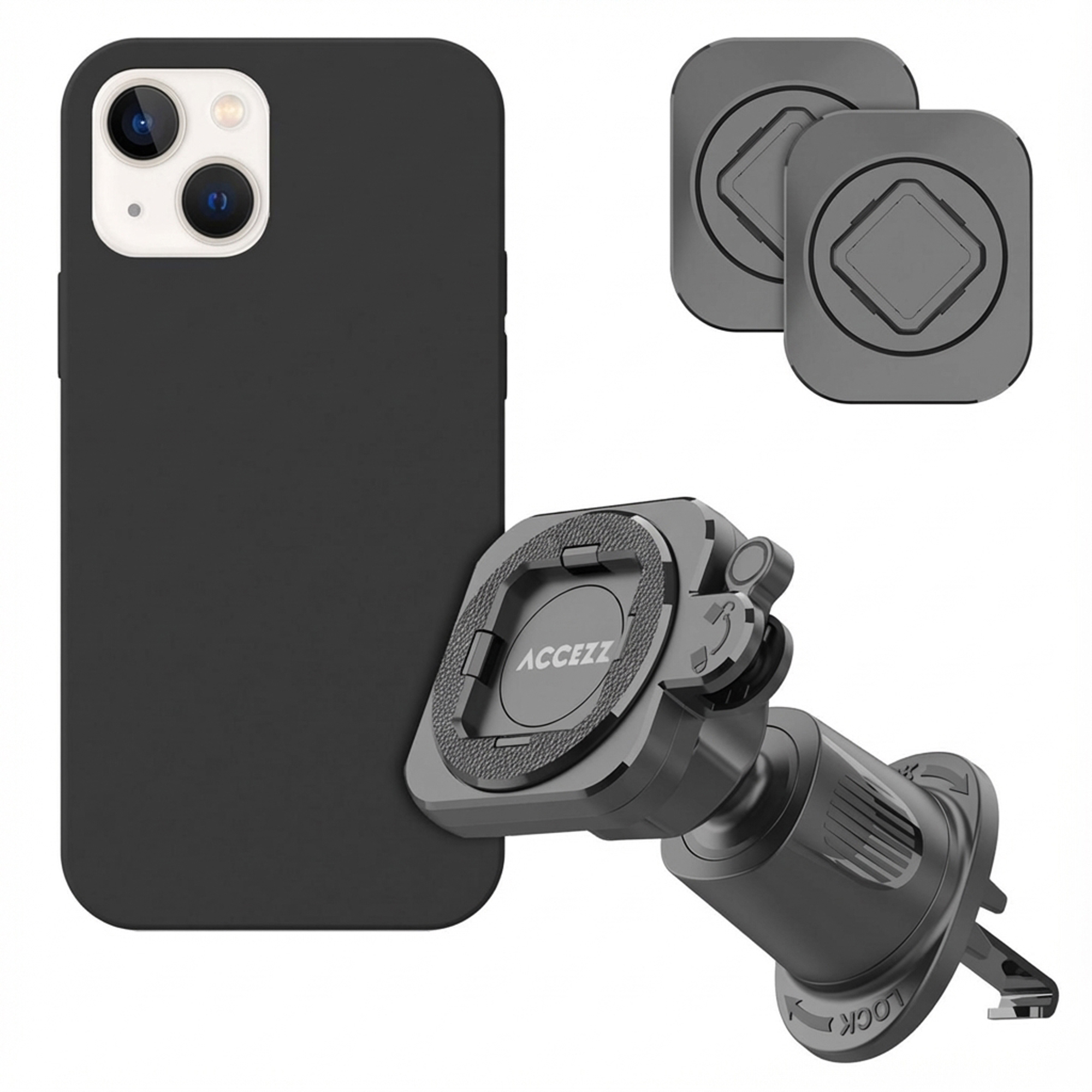 Accezz EasyLock telefoonhouder auto - inclusief hoesje voor de Apple iPhone 14 - Ventilatierooster - 360 graden draaibaar - Zwart