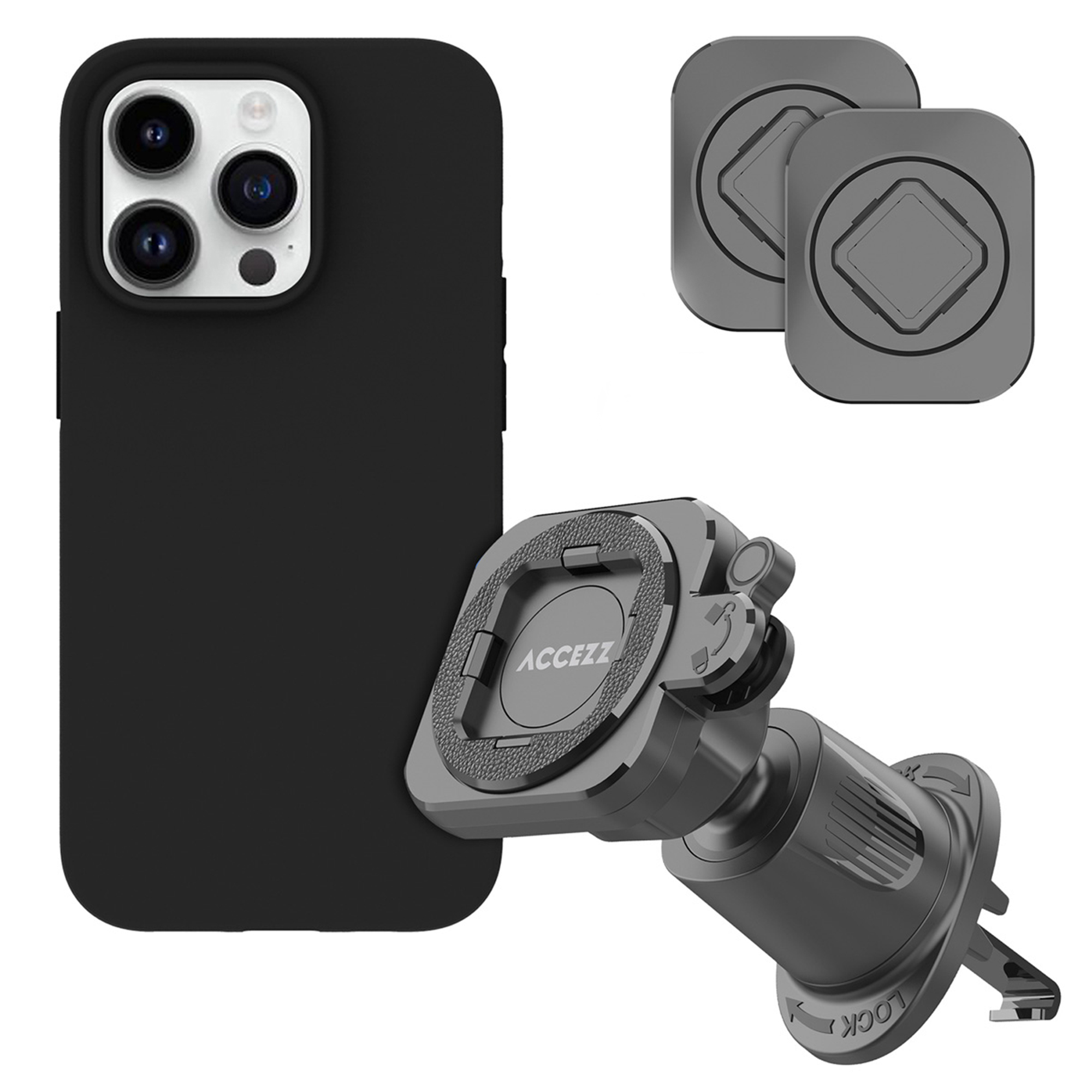 Accezz EasyLock telefoonhouder auto - inclusief hoesje voor de Apple iPhone 14 Pro - Ventilatierooster - 360 graden draaibaar - Zwart