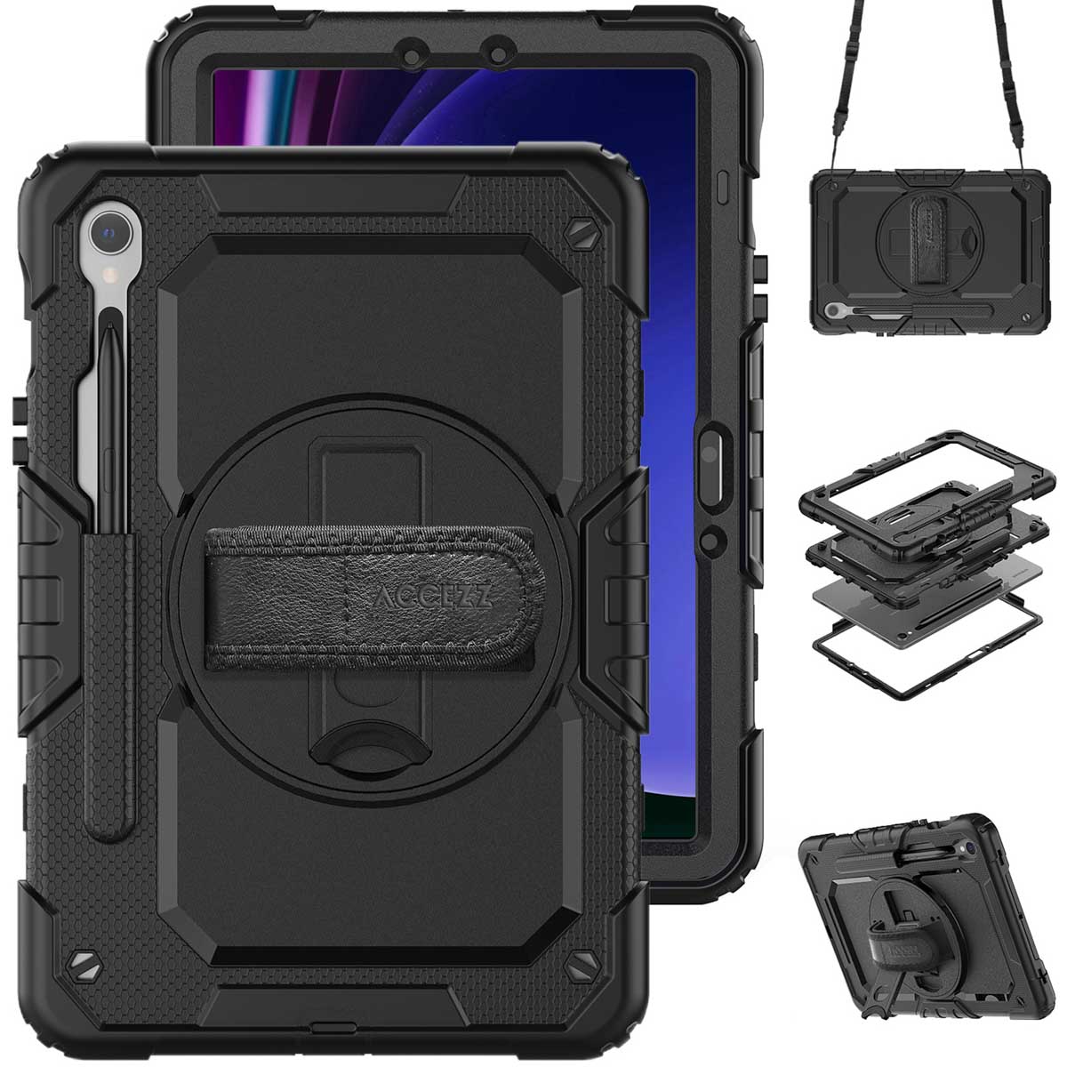 Accezz Rugged Backcover met schouderstrap voor de Samsung Galaxy Tab S10 Lite / S9 11 inch / S10 FE / S9 FE 10.9 inch - Zwart