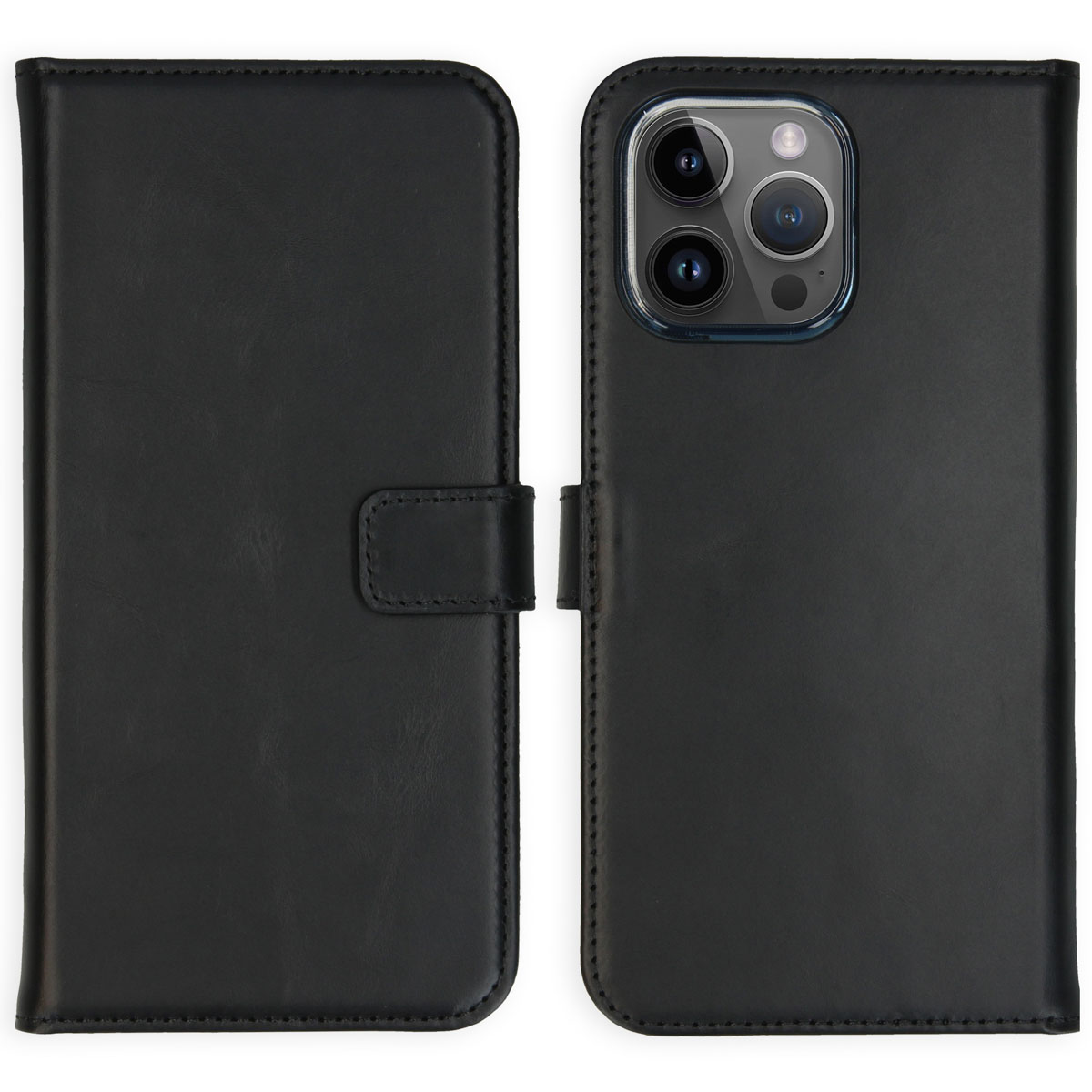 Selencia Echt Leren Bookcase voor de Apple iPhone 15 Pro Max - Zwart