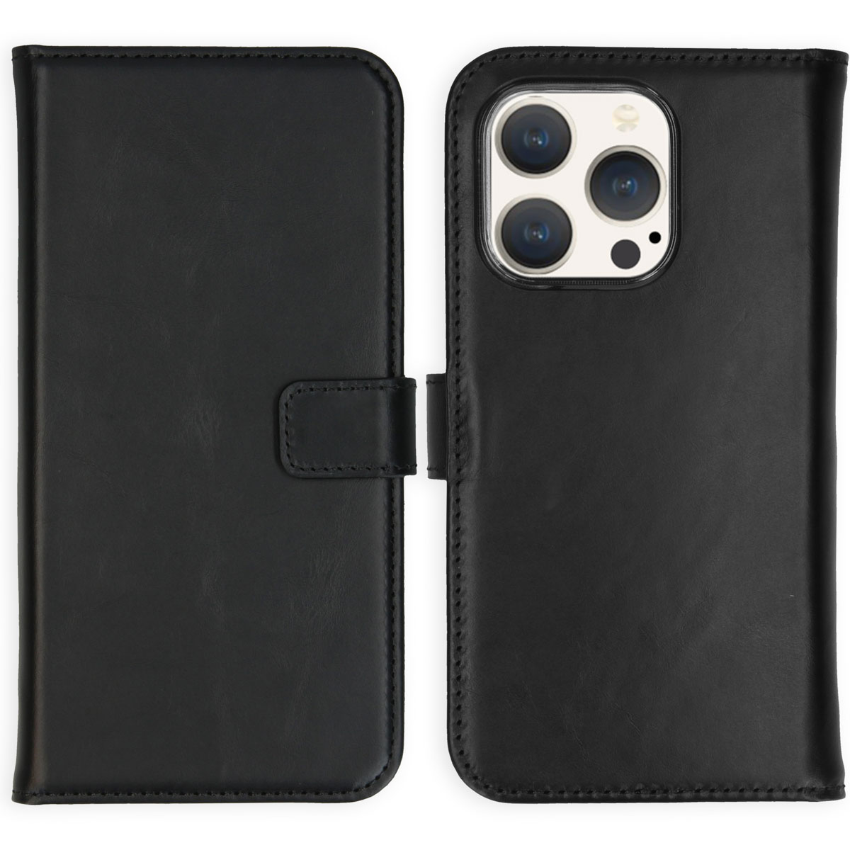 Selencia Echt Leren Bookcase voor de Apple iPhone 15 Pro - Zwart