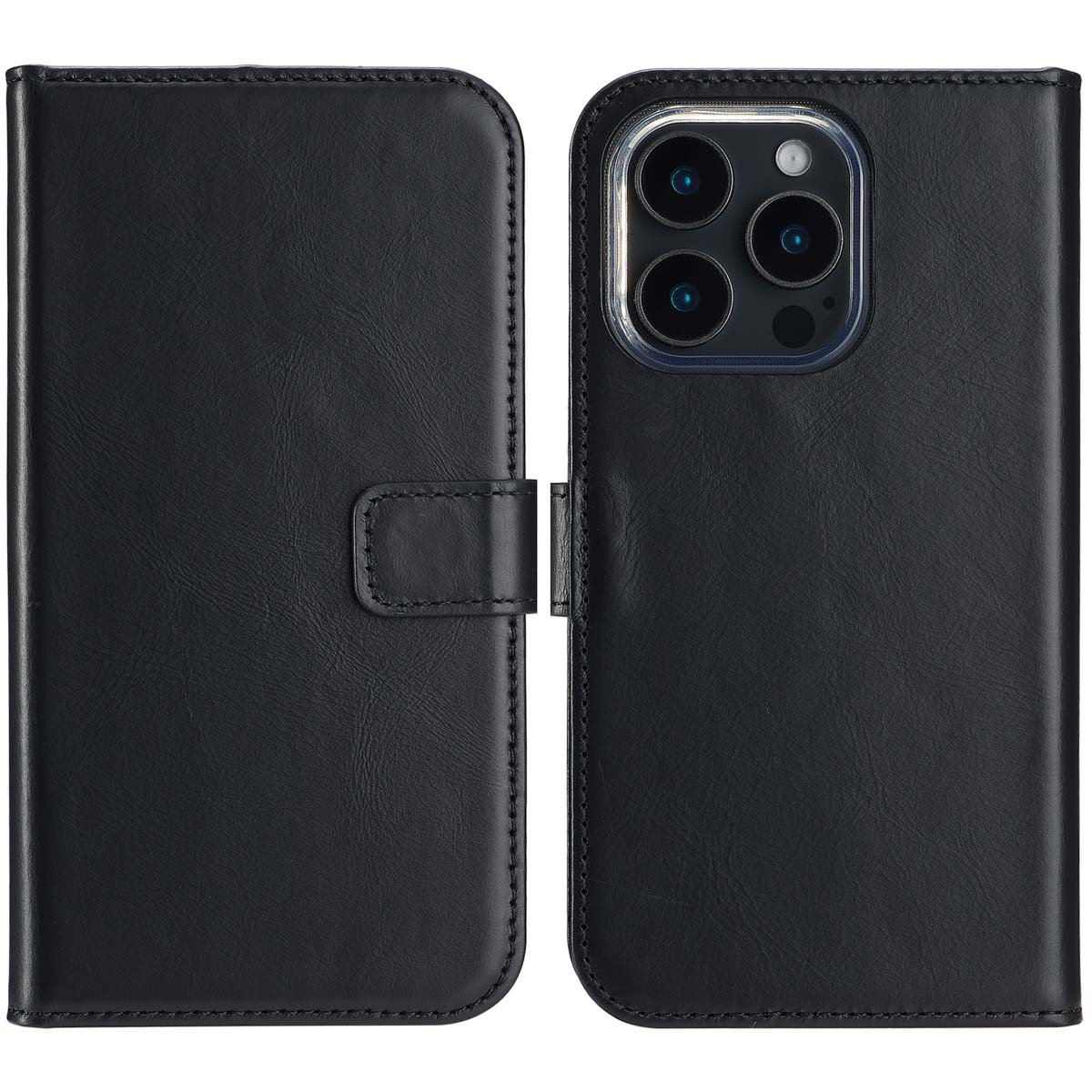 Selencia Echt Leren Bookcase voor de Apple iPhone 16 Pro - Zwart