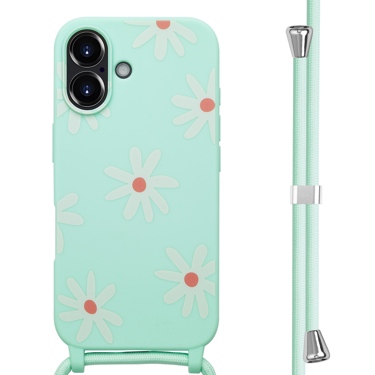 imoshion Coque design en silicone avec cordon Apple iPhone 16 - Green Flower Distance