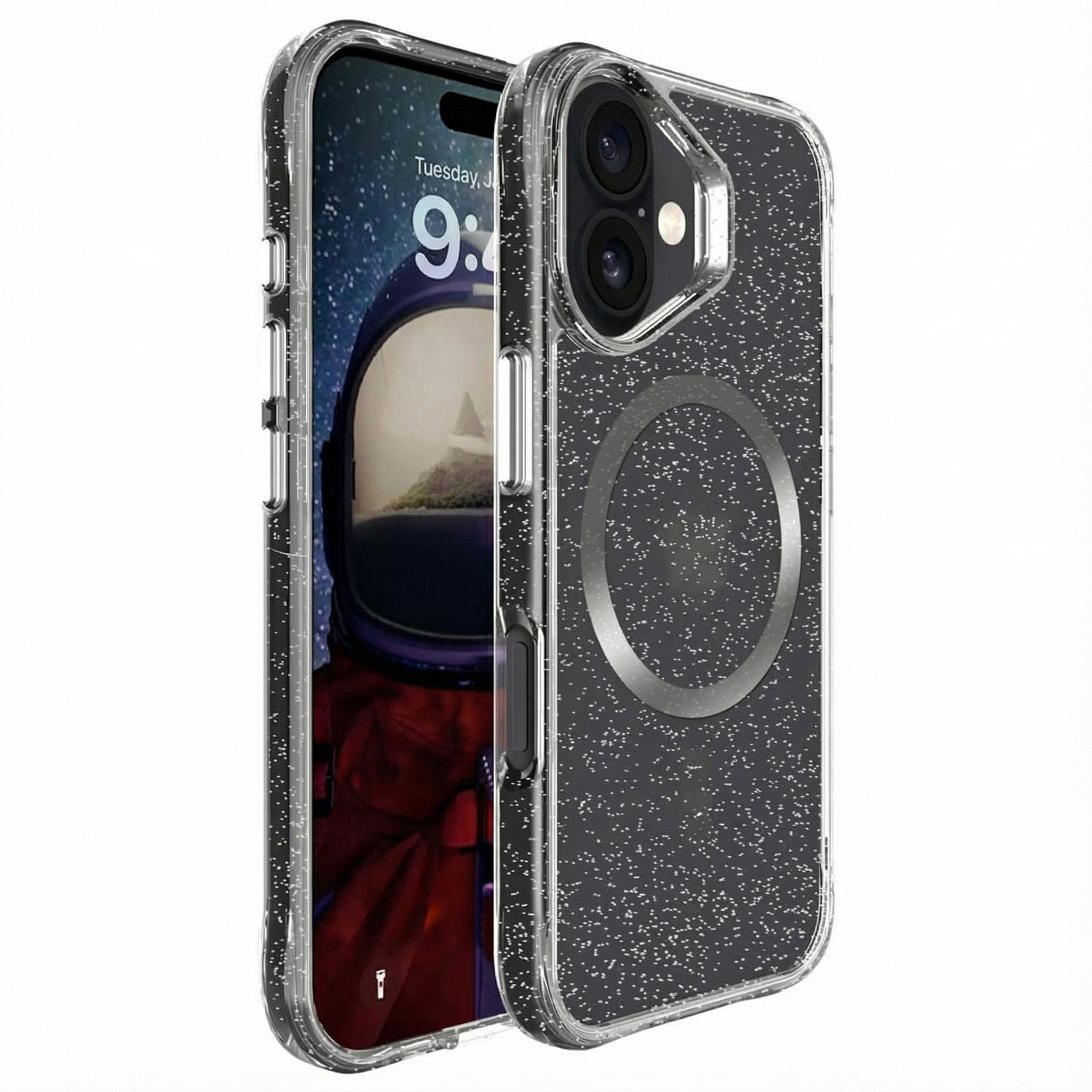 imoshion Clear Glitter Backcover met MagSafe voor de Apple iPhone 16 - Zilver