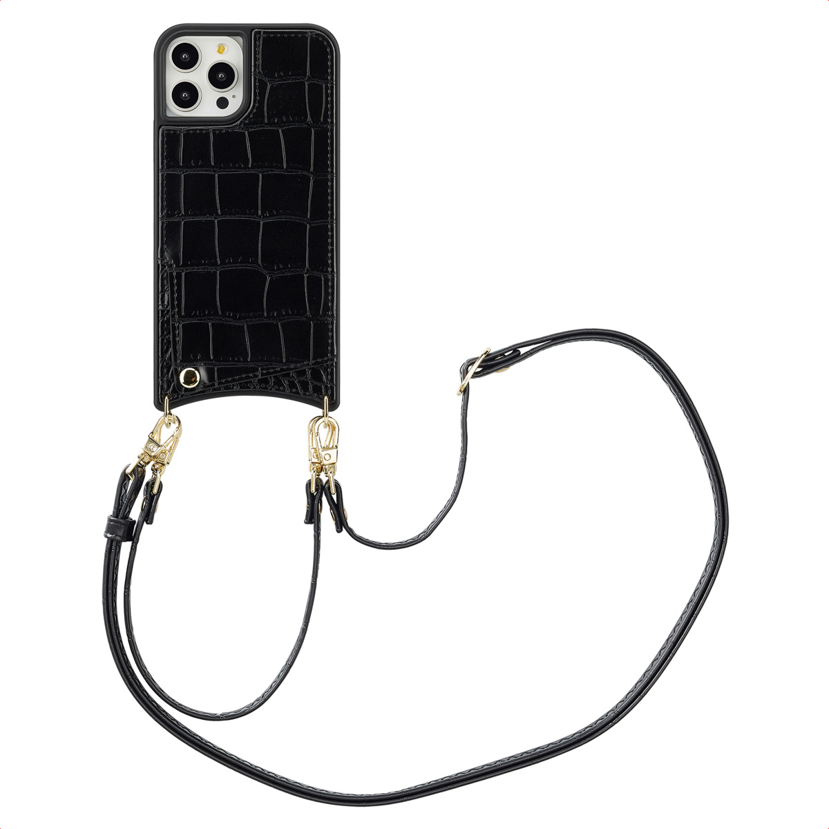 Selencia Nova Croco Telefoonhoes met Koord en Pashouder voor de Apple iPhone 12 (Pro) - Zwart
