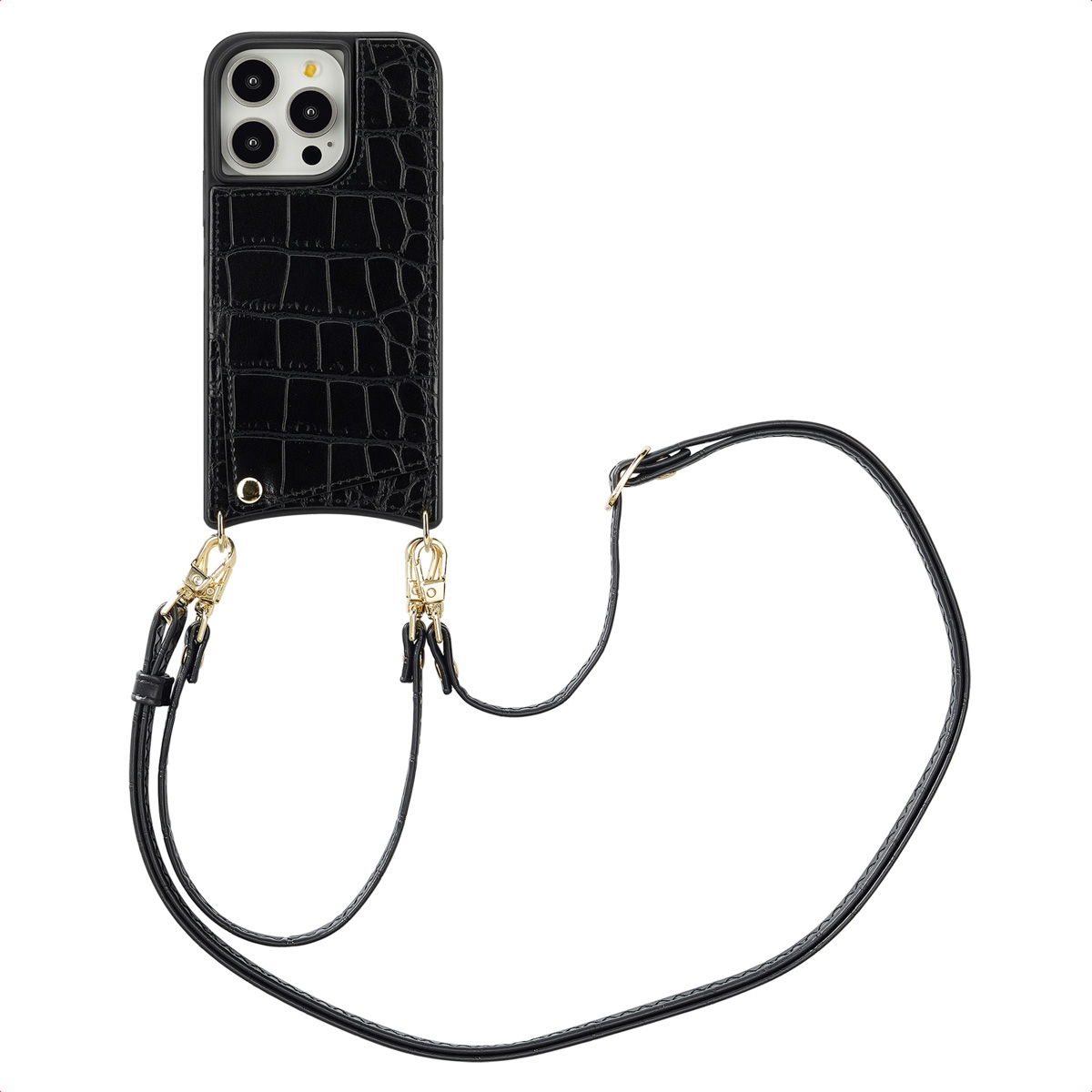 Selencia Nova Croco Telefoonhoes met Koord en Pashouder voor de Apple iPhone 14 Pro - Zwart