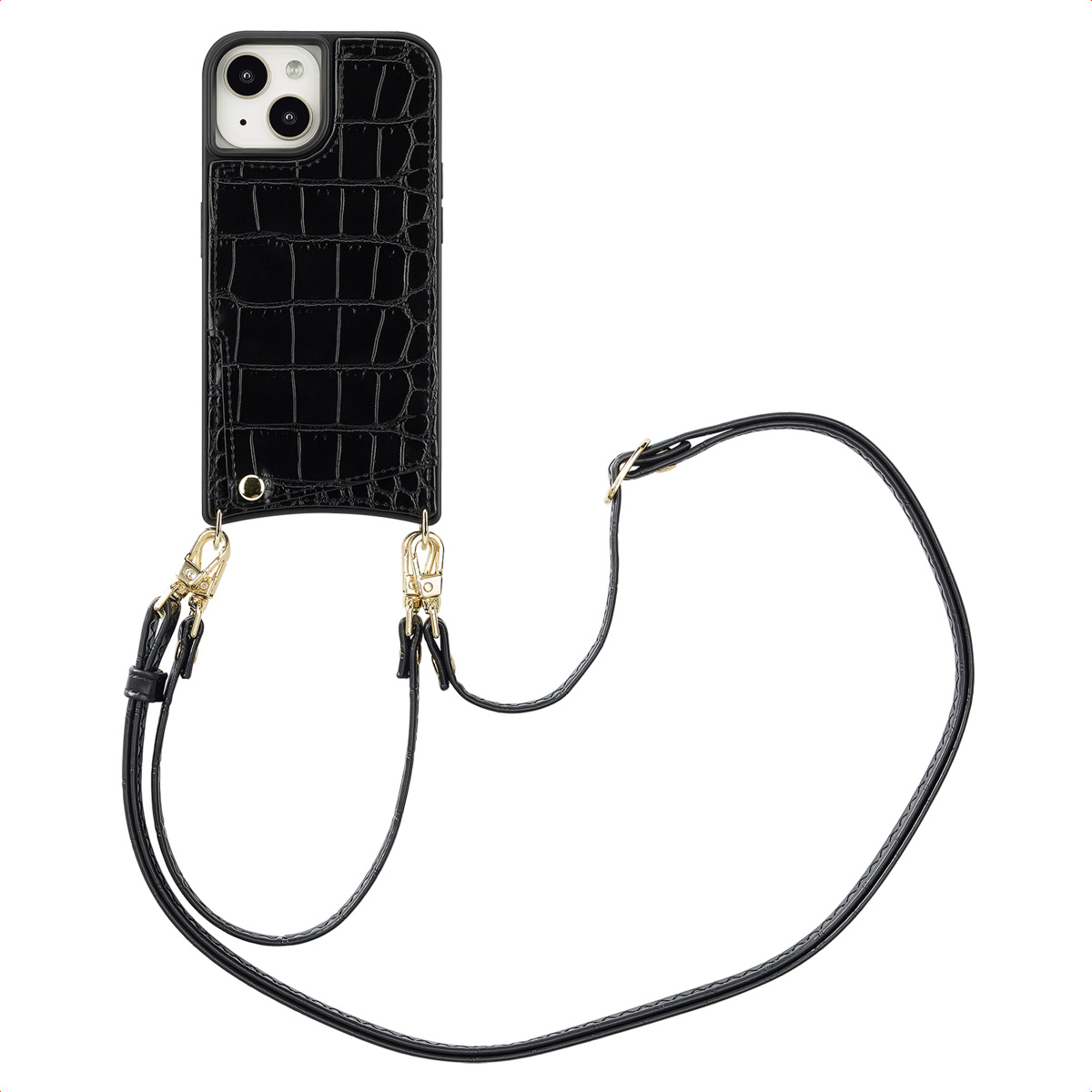 Selencia Nova Croco Telefoonhoes met Koord en Pashouder voor de Apple iPhone 15 - Zwart