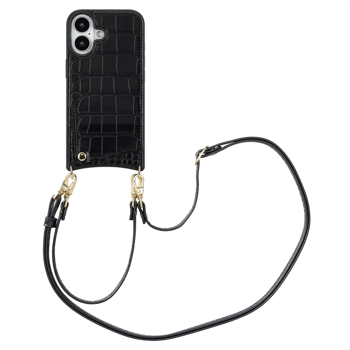 Selencia Nova Croco Telefoonhoes met Koord en Pashouder voor de Apple iPhone 16 - Zwart