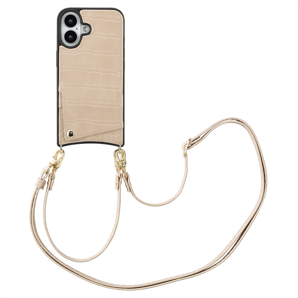 Selencia Nova Croco Telefoonhoes met Koord en Pashouder voor de Apple iPhone 16 - Beige