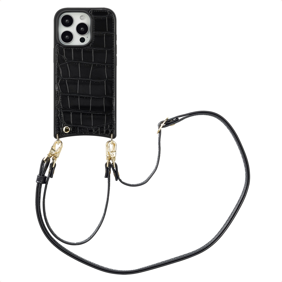 Selencia Nova Croco Telefoonhoes met Koord en Pashouder voor de Apple iPhone 16 Pro - Zwart