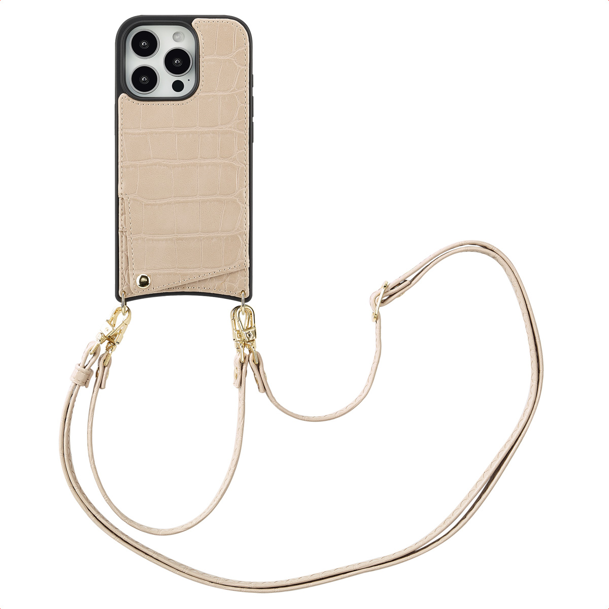 Selencia Nova Croco Telefoonhoes met Koord en Pashouder voor de Apple iPhone 16 Pro - Beige
