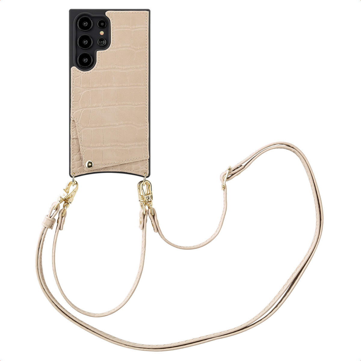 Selencia Nova Croco Telefoonhoes met Koord en Pashouder voor de Samsung Galaxy S24 Ultra - Beige