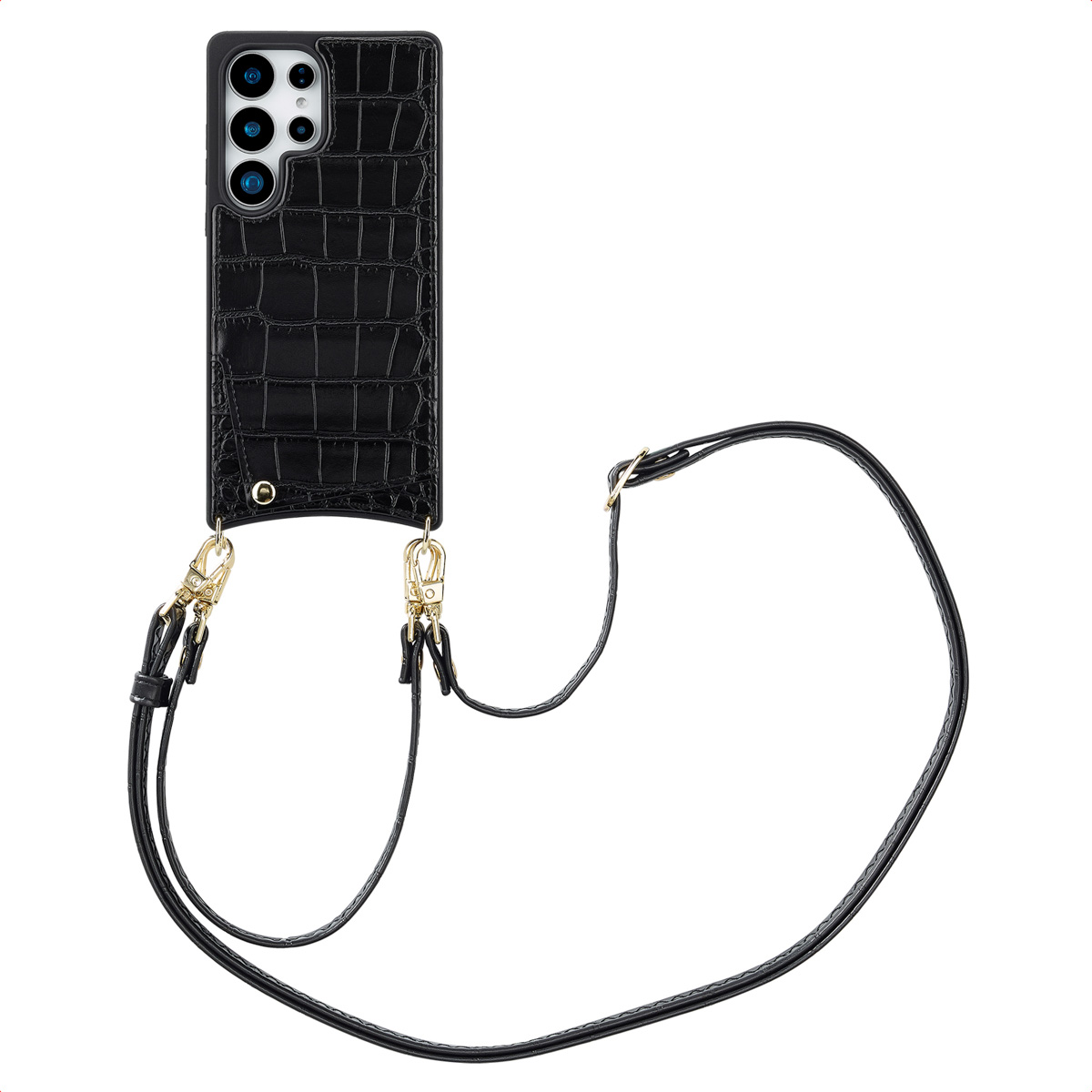 Selencia Nova Croco Telefoonhoes met Koord en Pashouder voor de Samsung Galaxy S25 Ultra - Zwart