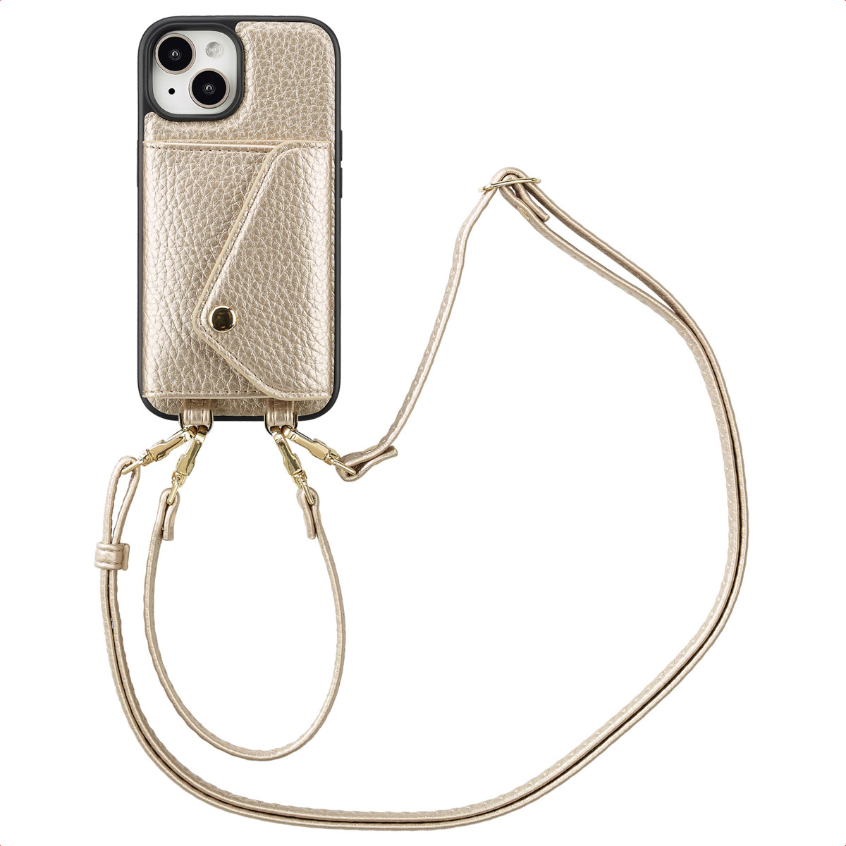 Selencia Sera Telefoonhoes met Koord en Envelop Pashouder voor de Apple iPhone 15 - Champagne