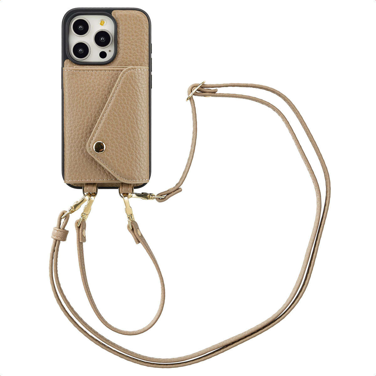 Selencia Sera Telefoonhoes met Koord en Envelop Pashouder voor de Apple iPhone 15 Pro - Taupe