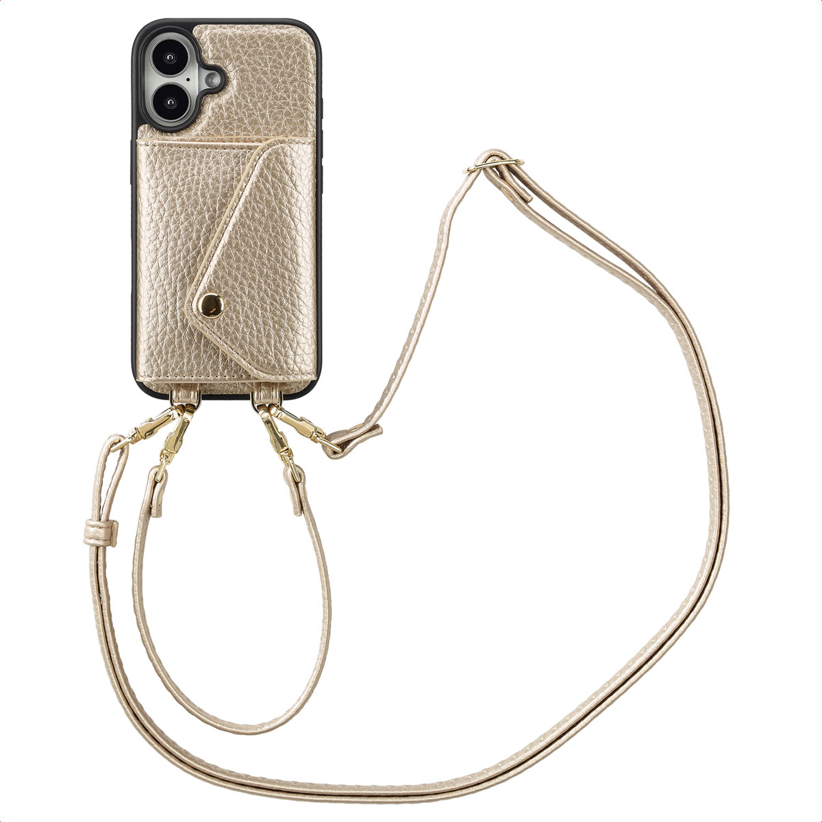 Selencia Sera Telefoonhoes met Koord en Envelop Pashouder voor de Apple iPhone 16 - Champagne