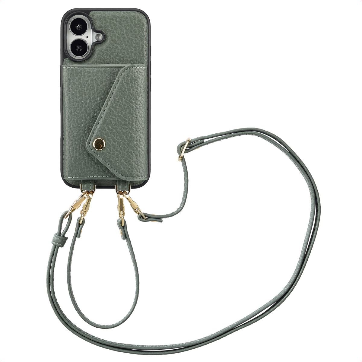 Selencia Sera Telefoonhoes met Koord en Envelop Pashouder voor de Apple iPhone 16 - Sage Green