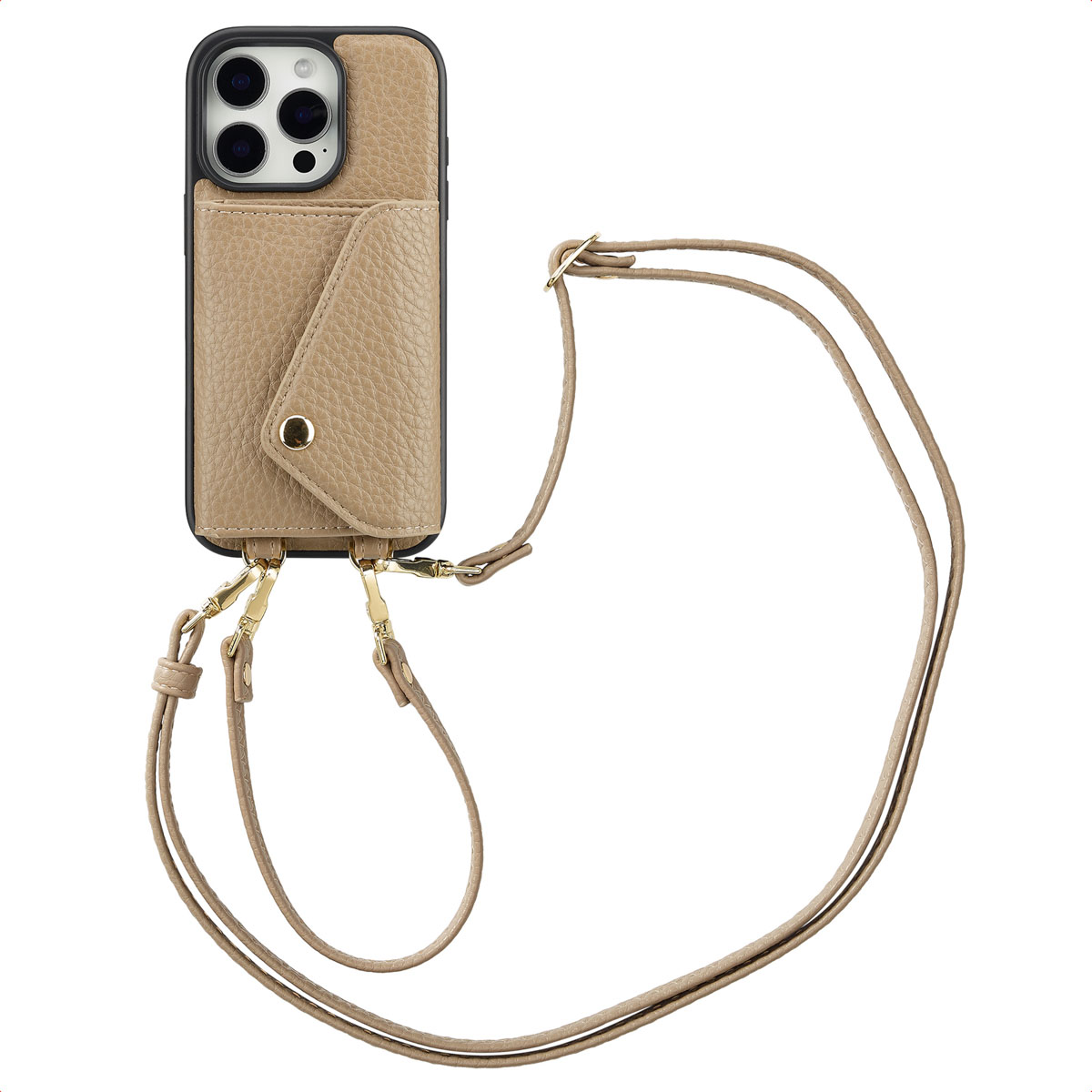 Selencia Sera Telefoonhoes met Koord en Envelop Pashouder voor de Apple iPhone 16 Pro - Taupe