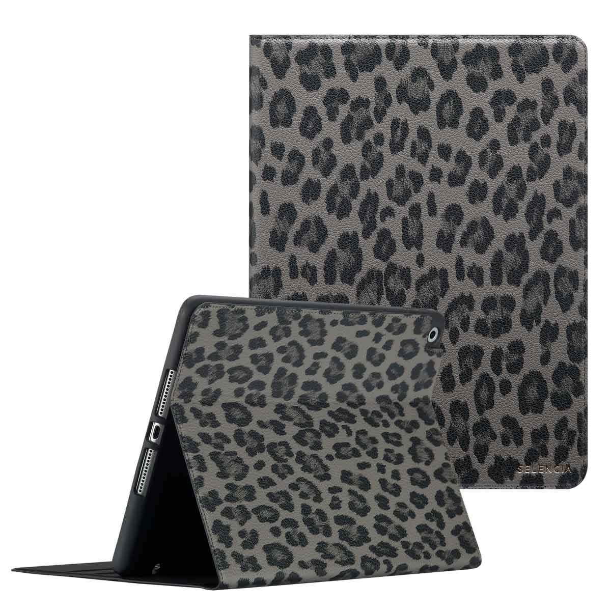 Selencia Sabi Bookcase met panterprint voor de Apple iPad 9 (2021) 10.2 inch / iPad 8 (2020) 10.2 inch / iPad 7 (2019) 10.2 inch - Midnight Black