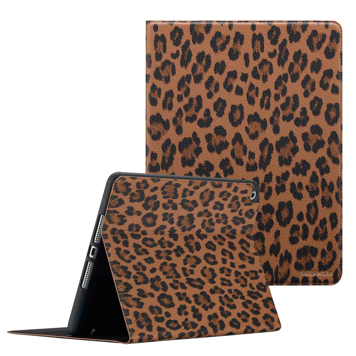 Selencia Sabi Bookcase met panterprint voor de Apple iPad 9 (2021) 10.2 inch / iPad 8 (2020) 10.2 inch / iPad 7 (2019) 10.2 inch - Mocha Brown