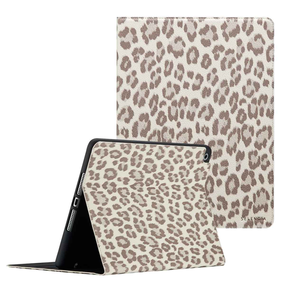Selencia Sabi Bookcase met panterprint voor de Apple iPad 9 (2021) 10.2 inch / iPad 8 (2020) 10.2 inch / iPad 7 (2019) 10.2 inch - Soft Ivory