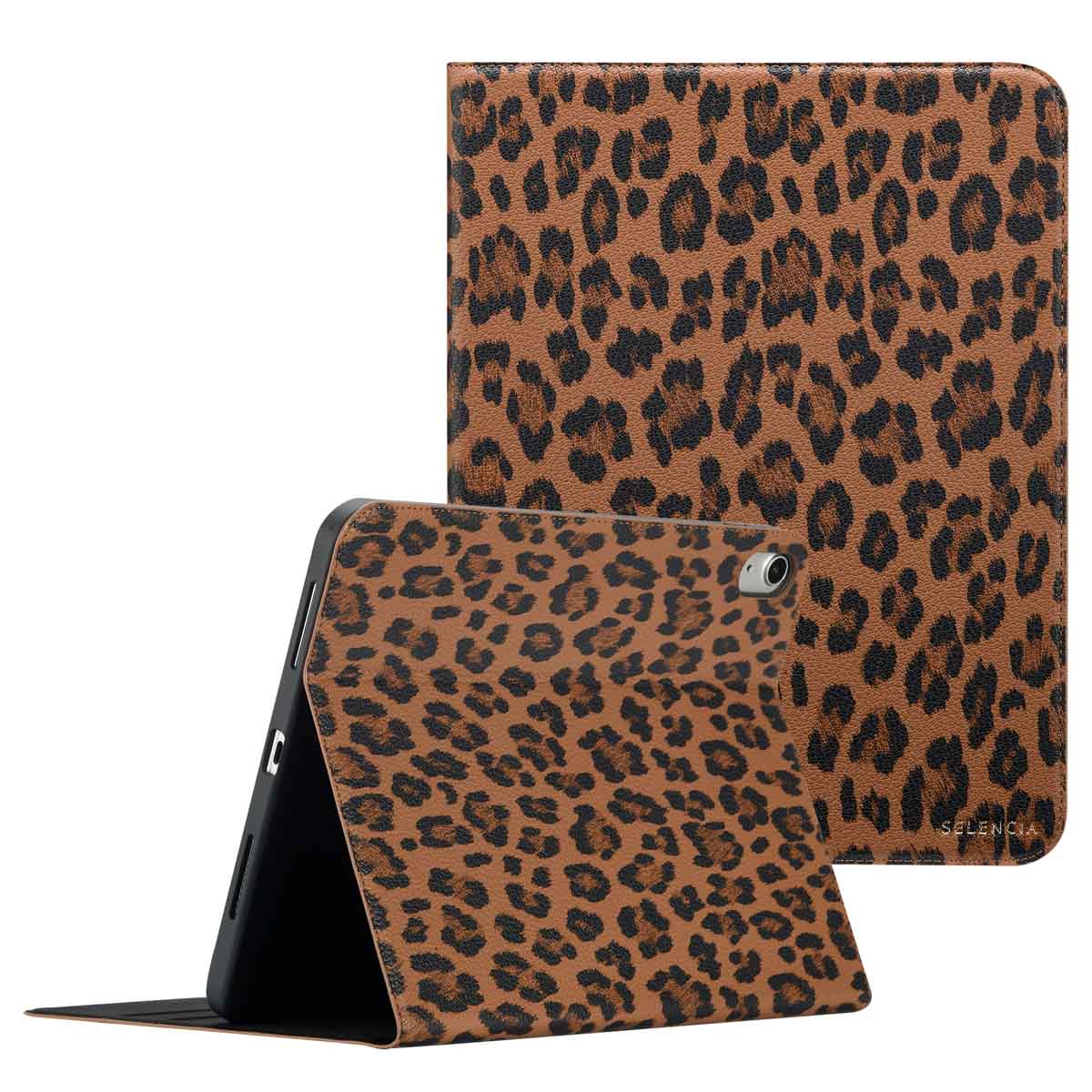 Selencia Sabi Bookcase met panterprint voor de Apple iPad 11 (2025) 11 inch A16 / iPad 10 (2022) 10.9 inch - Mocha Brown